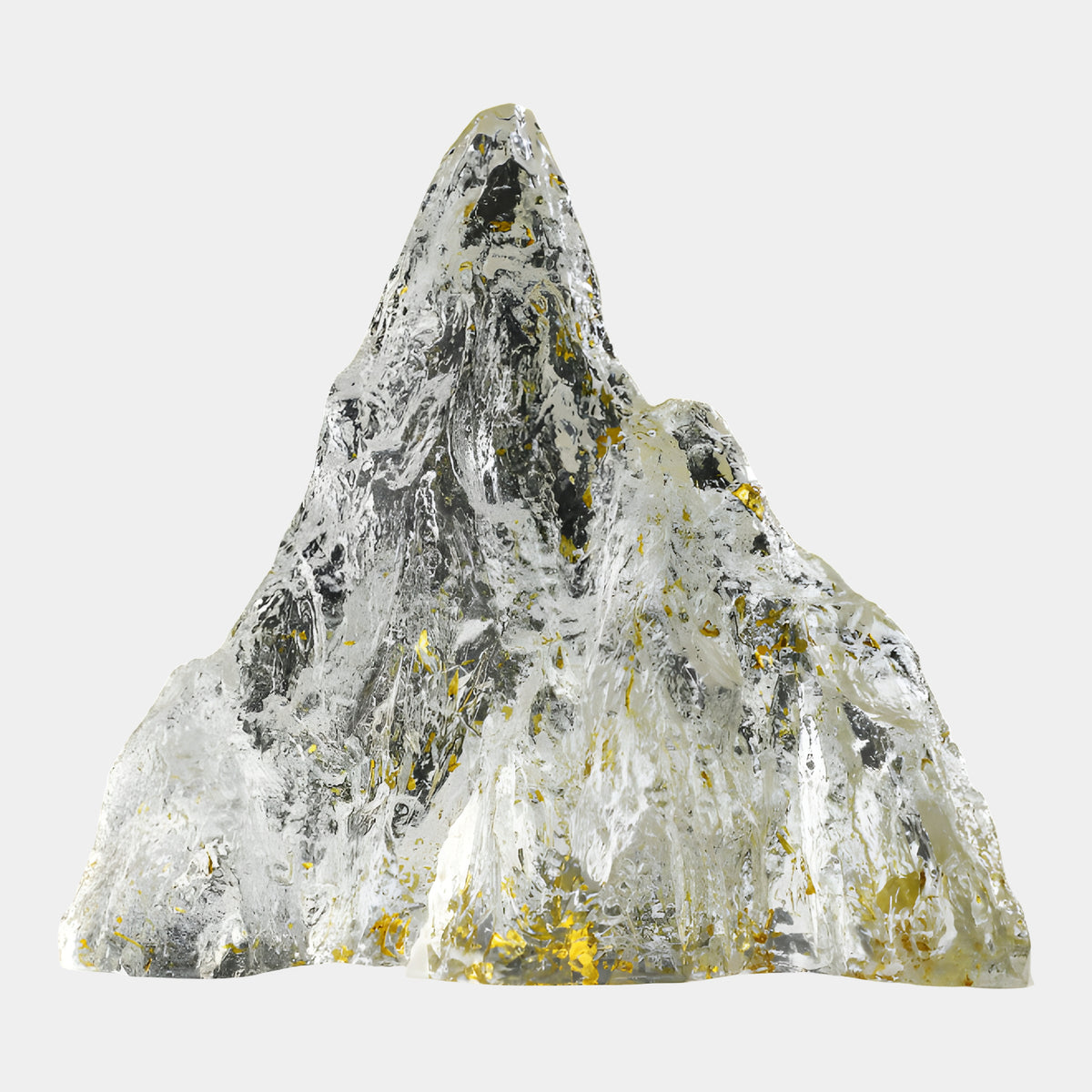 Clear Frosted Face Mountain Resin Sculpture - 33cm with a frosted outer surface, clear interior, and gold leaf accents, single summit with a lower shoulder, no base, on a plain white background.