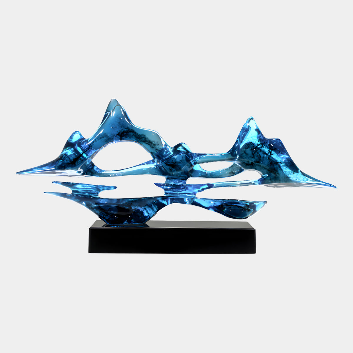 Blue Swirled Mountain & Reflection Resin Sculpture, 85cm, mountain peaks with mirrored reflection in swirled blue resin on a black marble stand, plain white background.