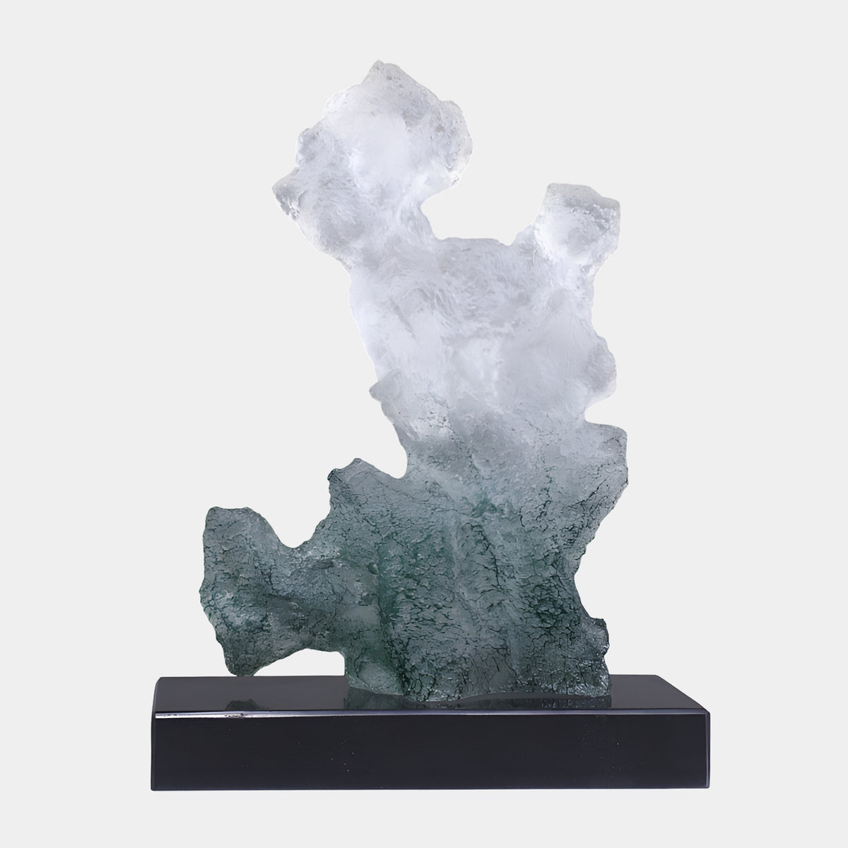 Grey Frosted Forked Rock on Marble Resin Sculpture, 40cm, with a white forked head grading to smoke grey at the base, set on a black marble block against a light background.