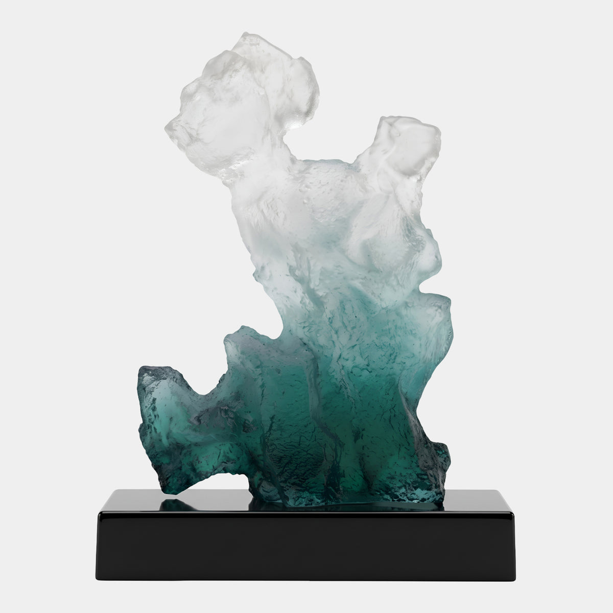 Teal Frosted Forked Rock on Marble Resin Sculpture, 40cm, fading from white frost at the top to deep teal at its broken base, on a black marble block against a plain white background.