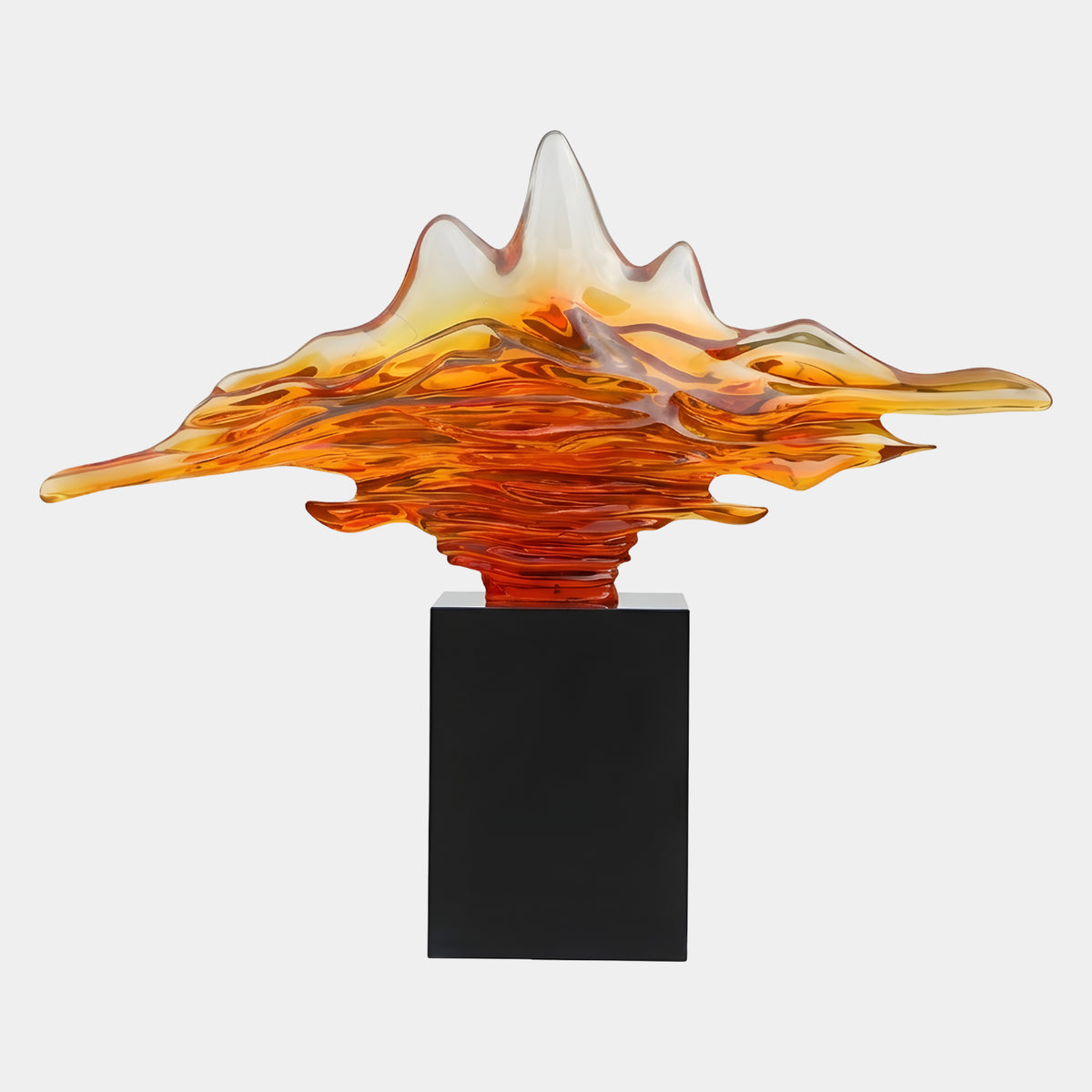 Amber Flared Mountain Range Resin Sculpture, 220cm, with gold peaks fading to orange-red at its base, set on a tall black marble plinth against a plain white background.