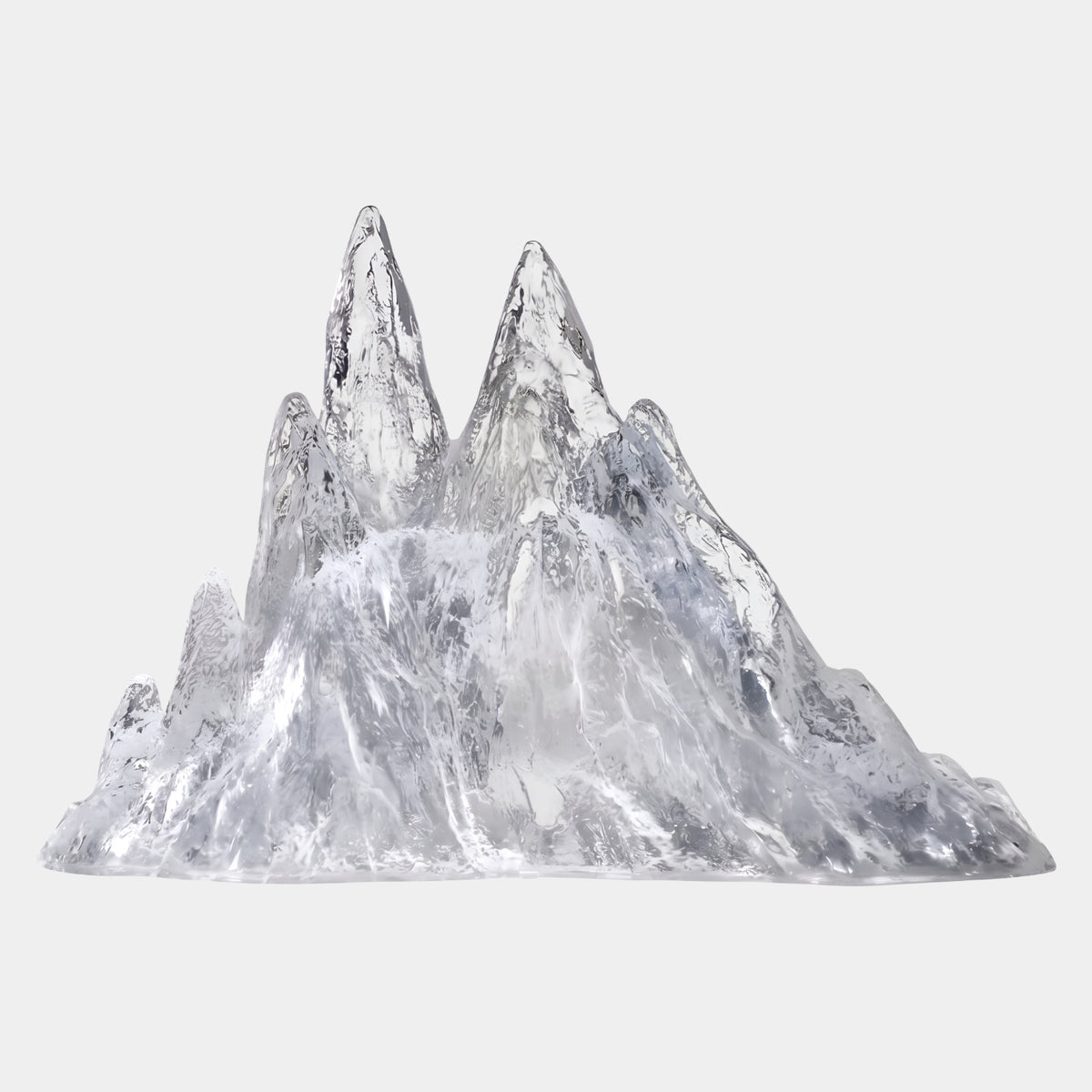 Clear Sharp Spired Mountain Range Resin Sculpture, 80cm, with two needle spires rising from a crackled ice-like resin massif, no base, on a plain white background.