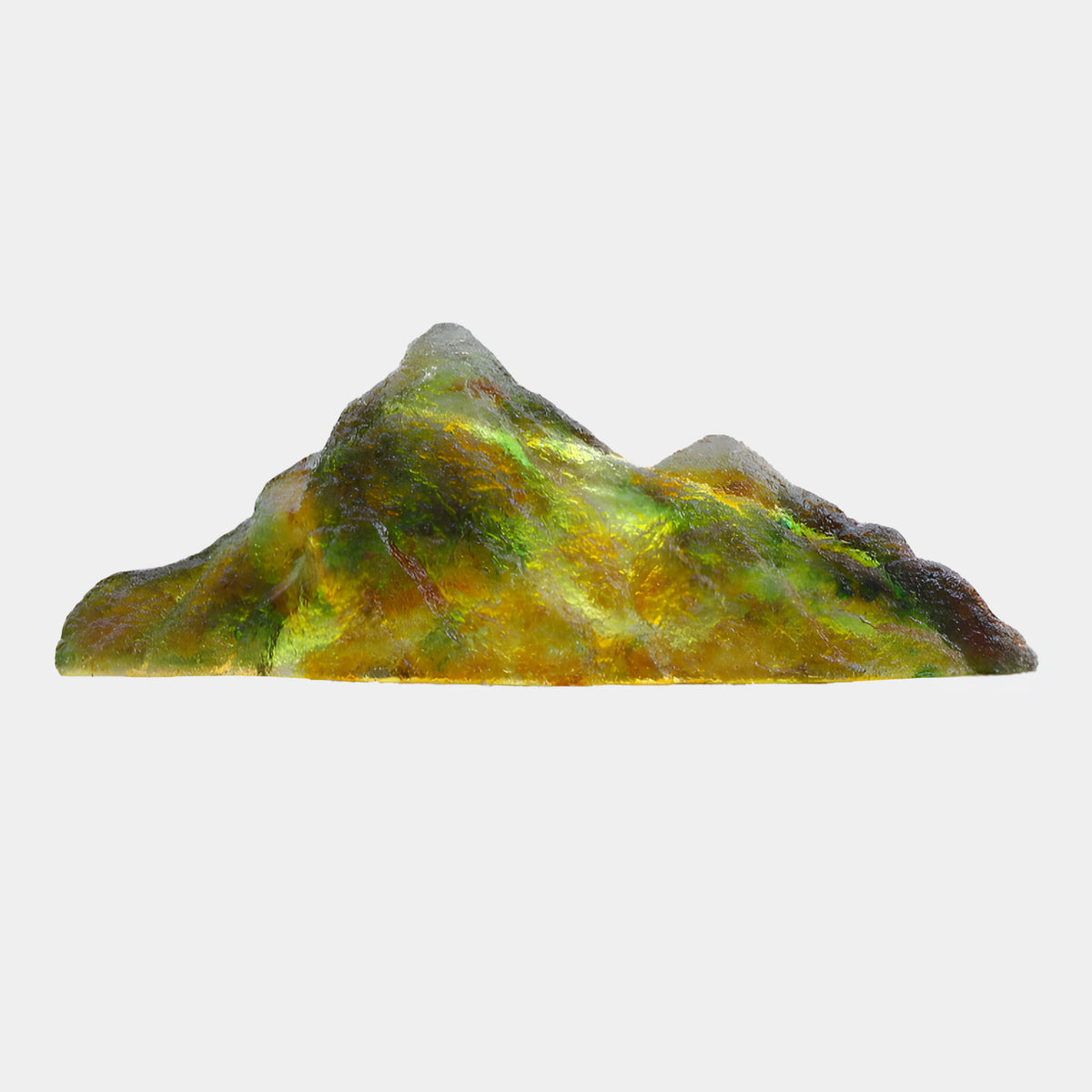 Amber & Green Craggy Mountain Resin Sculpture, 220cm, with a jagged peak and crackled amber, yellow and green surface, shown on a plain white background.