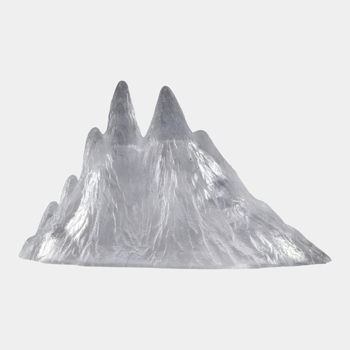 Clear Frosted Spired Massif Resin Sculpture (120cm) by Giant Sculptures, twin-peaked mountain form with ridged texture, shown on a plain white background.