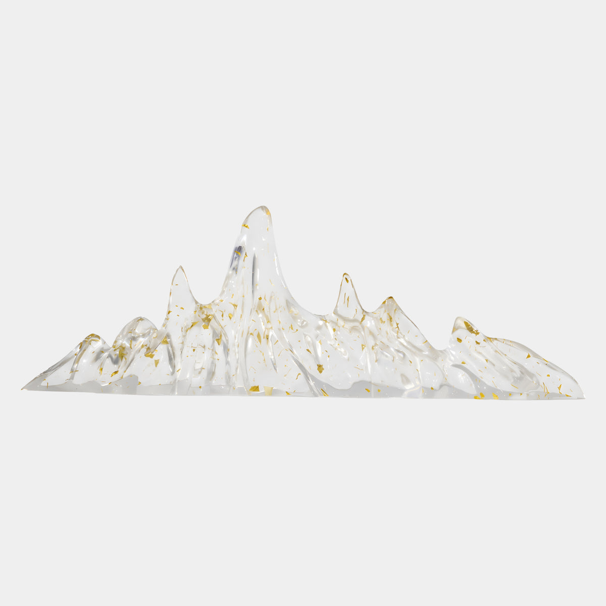 Clear Gold Fleck Single Spire Range Resin Sculpture, 110cm, a mountain ridge with one tall spire and gold leaf flecks, on a plain white background.