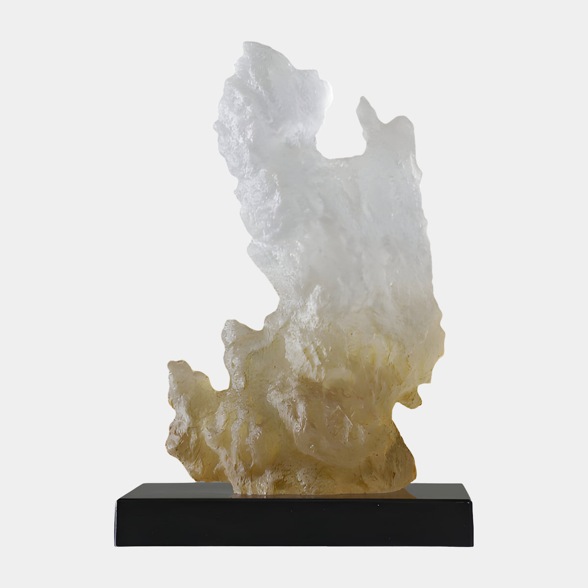 Clear Honey Footed Standing Rock Resin Sculpture, 44cm, frosted white at the head fading to honey at the base, on a black stone stand, plain white background.