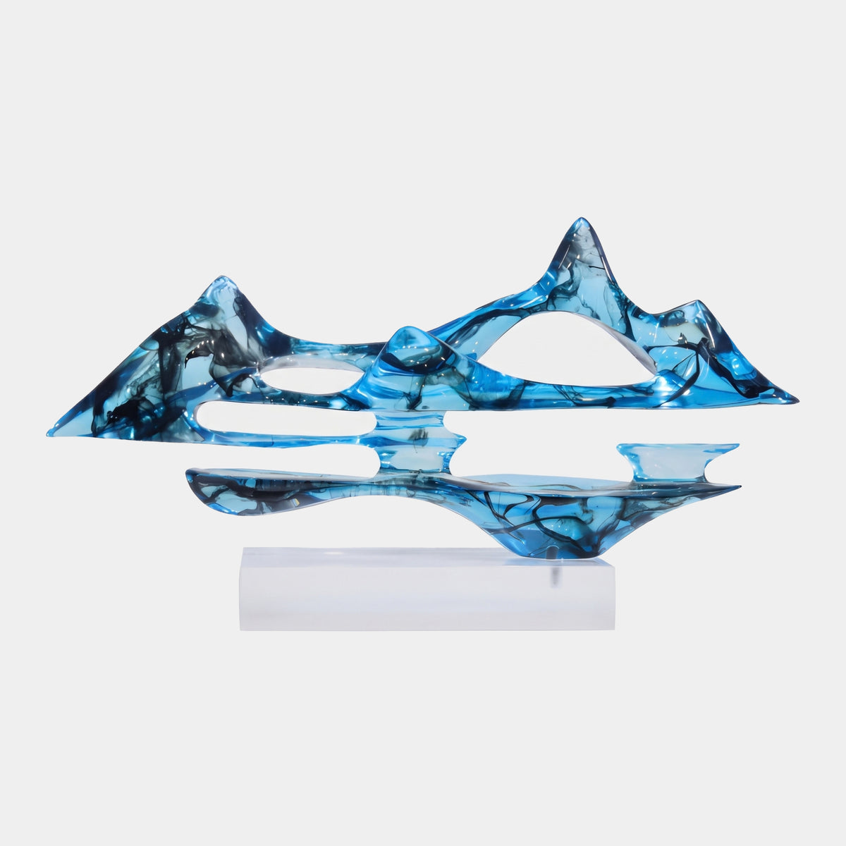 Blue Range & Reflection on Acrylic Resin Sculpture - 65cm, a mountain-shaped teal form with black veining above its broader reflection, set on a clear acrylic block against a plain white background.