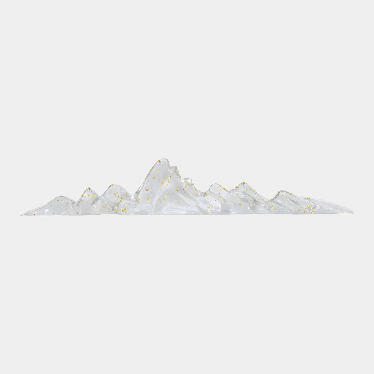 Clear Gold Fleck Long Mountain Range Resin Sculpture, 150cm, showing a low translucent mountain skyline with gold leaf flecks, sitting directly on a plain white background.