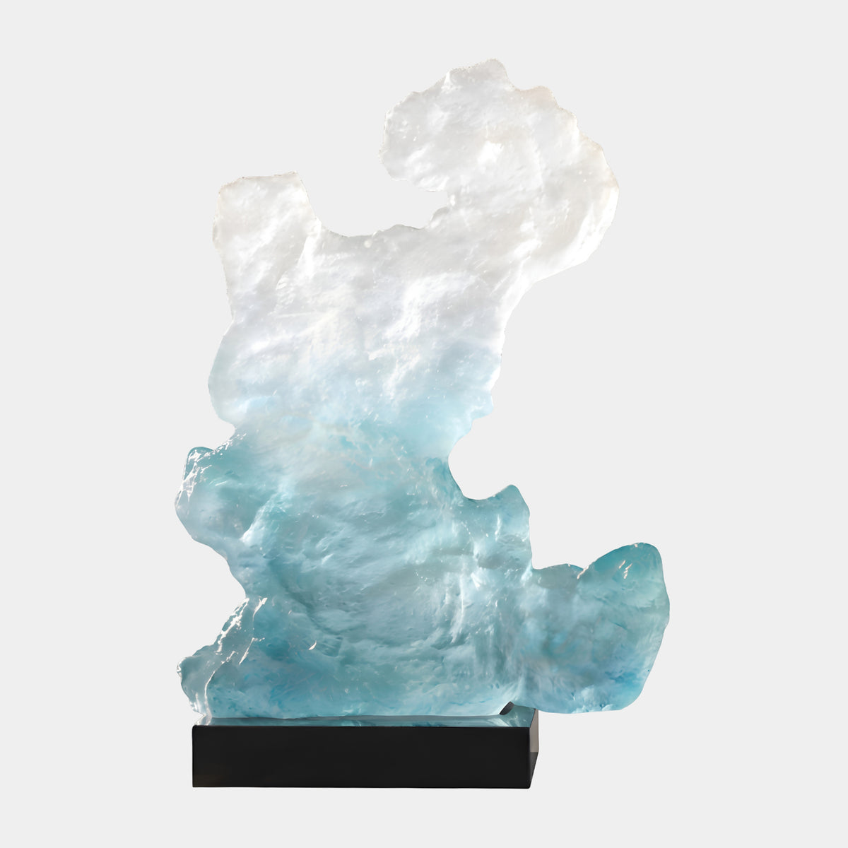 Blue Frosted Standing Rock on Marble Resin Sculpture, 138cm, white at the head fading to teal, on a black marble base, plain light grey background.