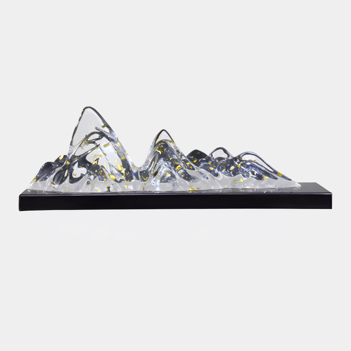 Clear Gold Fleck Low Range on Marble Resin Sculpture, 60cm, with gold-flecked peaks on a thin black marble base, shown against a plain white background.
