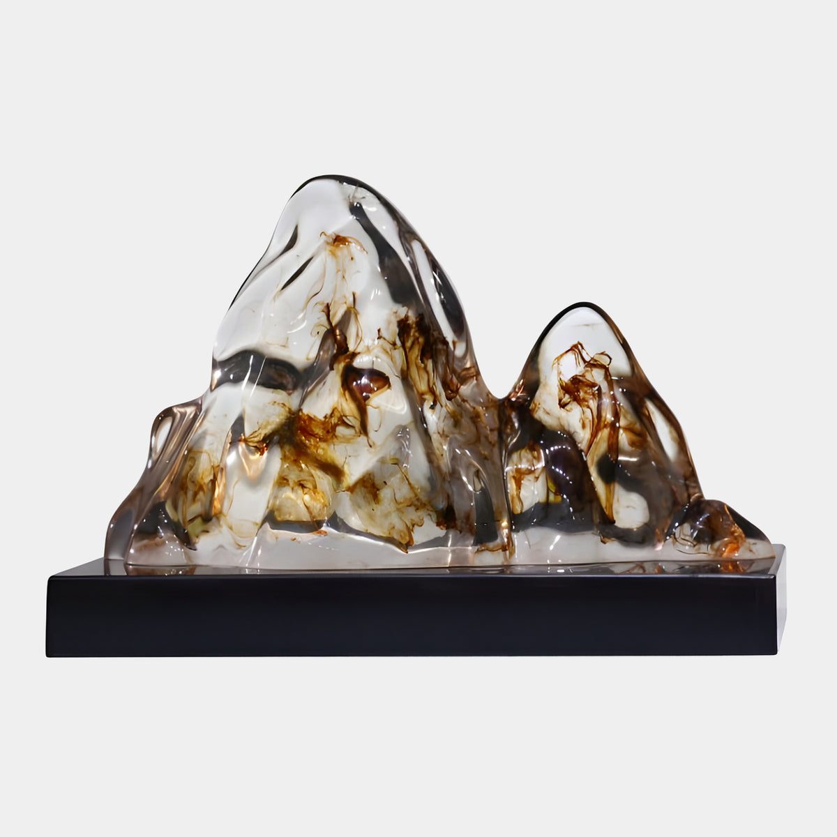 Clear Brown Ink Veined Twin Peak Resin Sculpture, 55cm, with two mountain-like peaks on a black marble base, set against a plain white background.