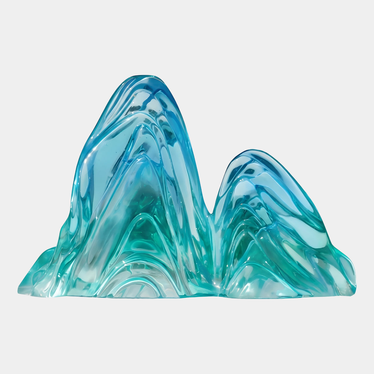 Blue Layered Ridge Mountain Resin Sculpture, 79cm, by Giant Sculptures, twin peaks in glossy teal-to-aqua resin with nested ridges, on plain white background, no base.