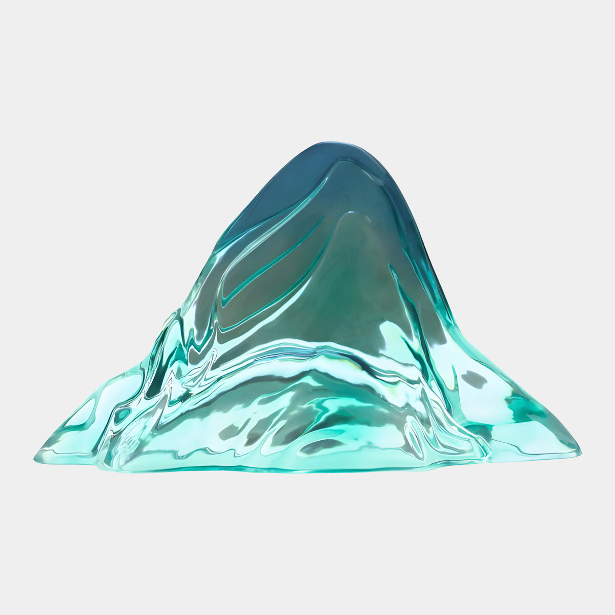 Blue Graded Rounded Peak Cast Resin Sculpture, 119cm, teal-to-aqua mountain form with rippled folds, resting on its own base, plain white background.