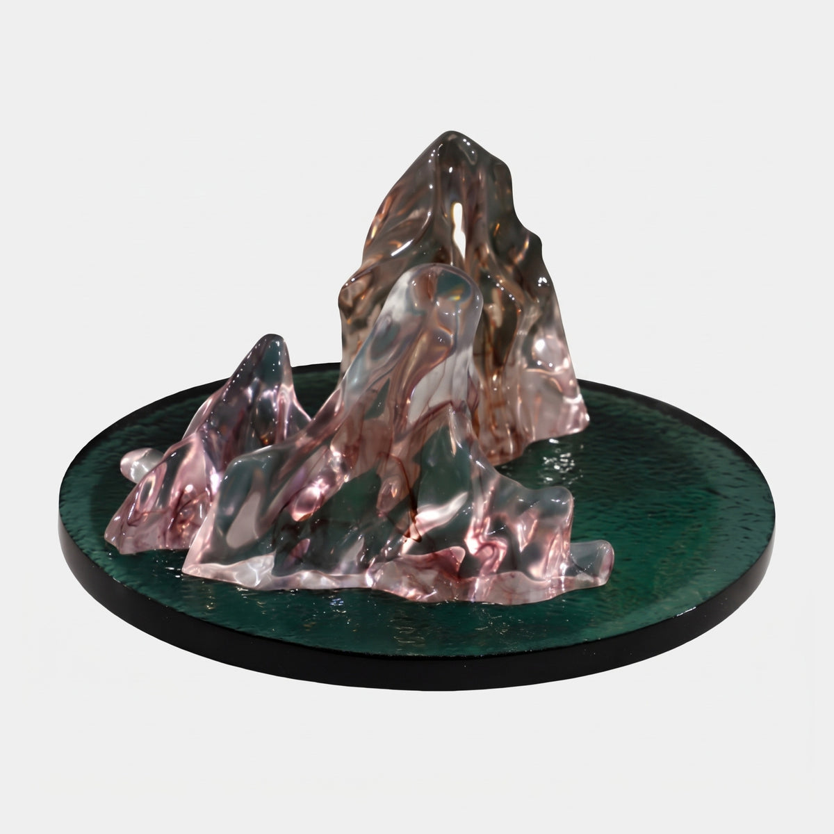 Pink Ink Mountain Group on Green Plate Resin Sculpture - 35cm
