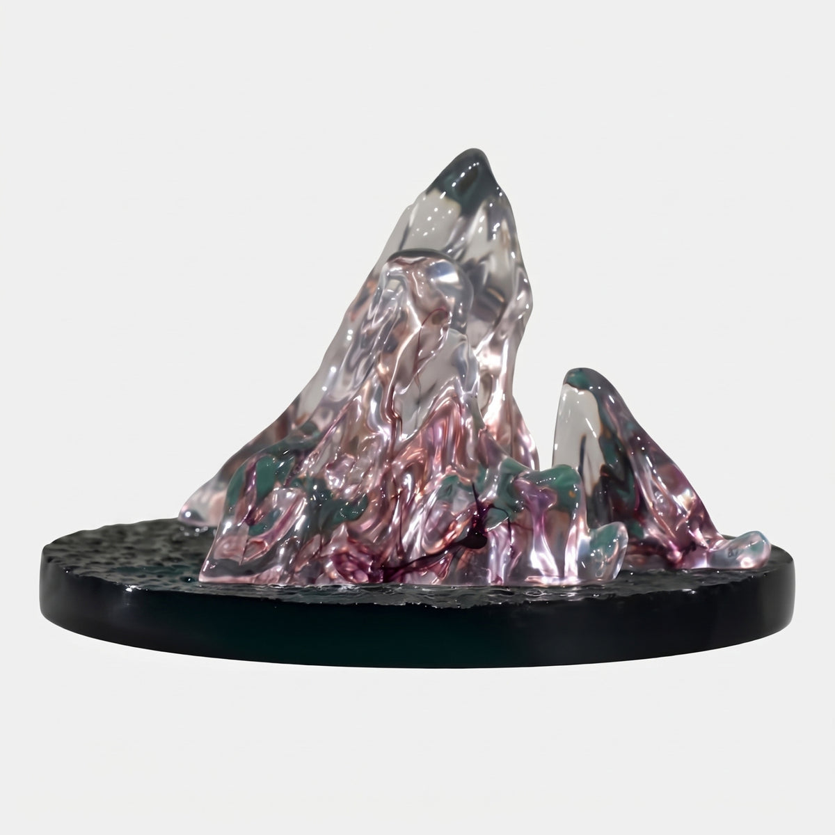 Pink Ink Steep Peak Mountain Group Resin Sculpture, 40cm, with rose and green veining on a textured black round base, shown on a plain white background.