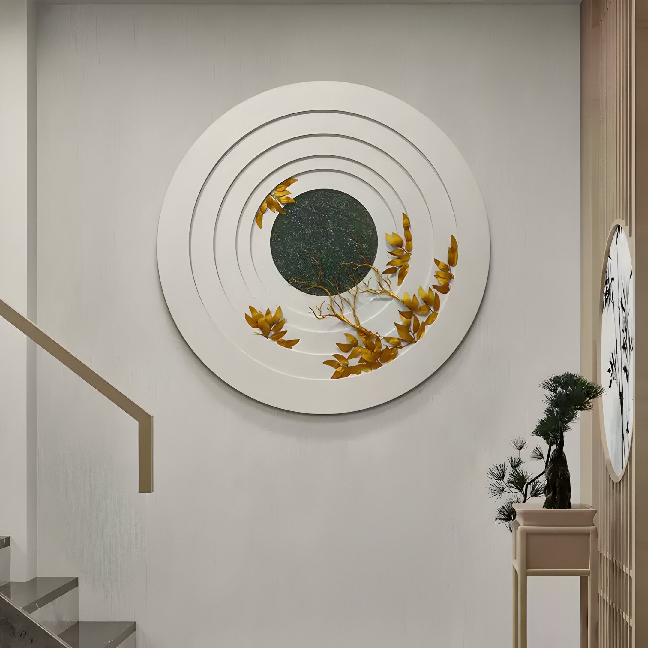 Aethera Golden Leaves Round Wood Carving 3D Wall Art