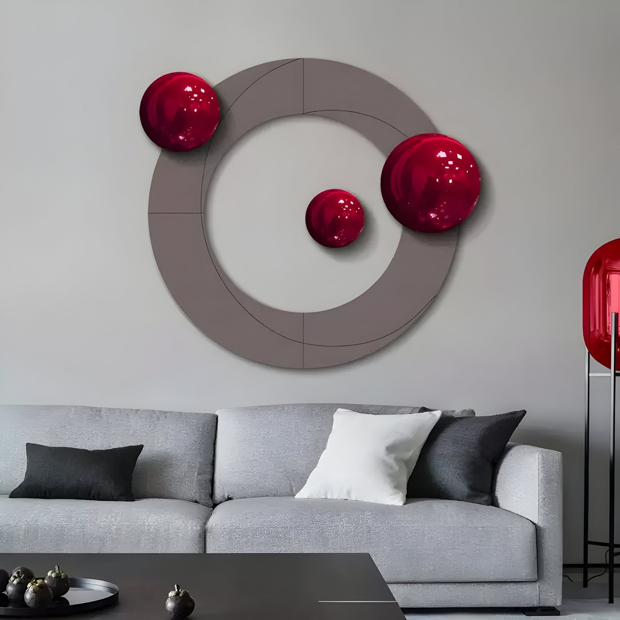 Celestara Grey Round 3D Wall Art With Red Metal Ball