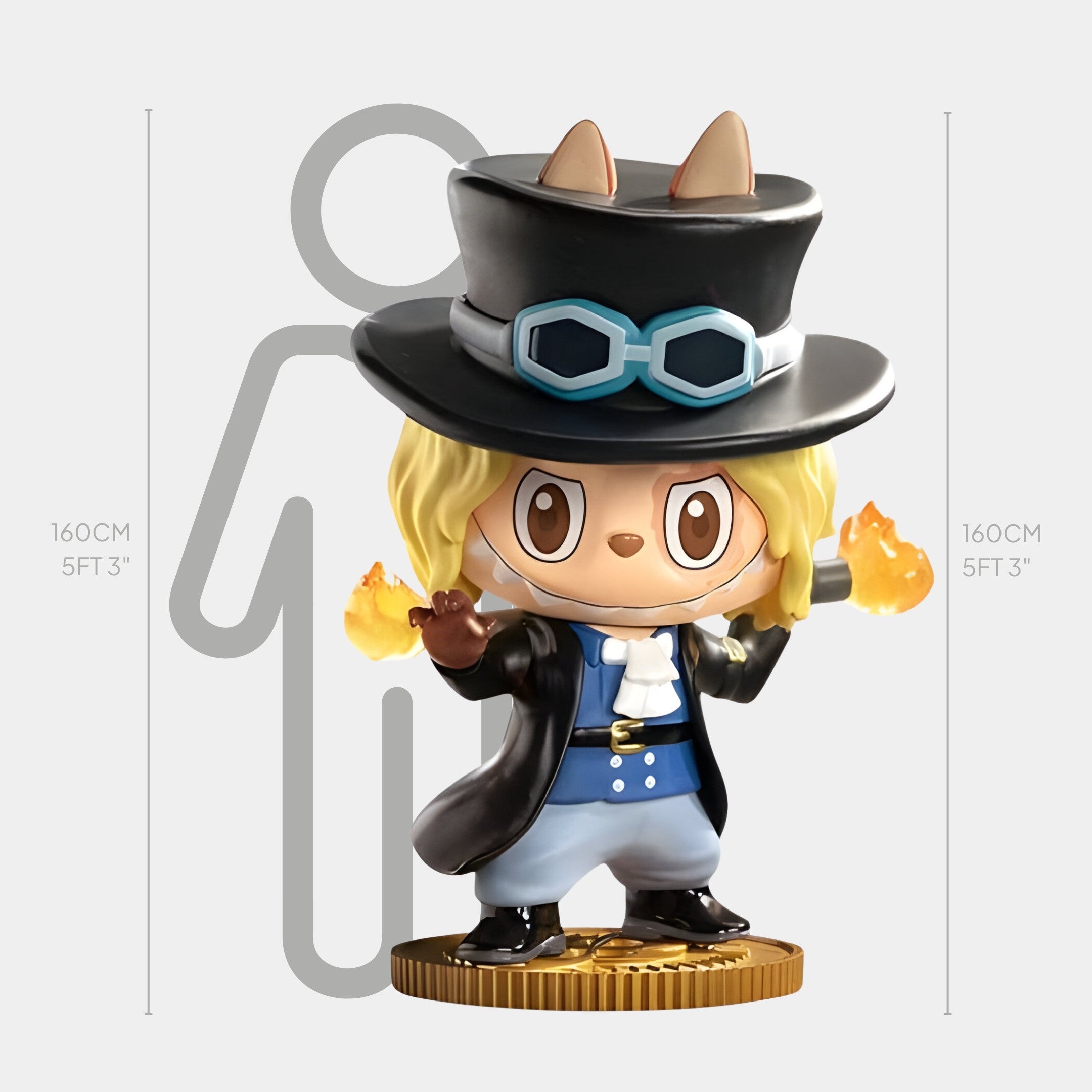 The Giant Sculptures Grand Line Sabo Labubu Sculpture stands 160cm (53) tall, featuring a chibi blonde Labubu with animal ears and a top hat with goggles, displayed before a height chart and silhouette for scale.
