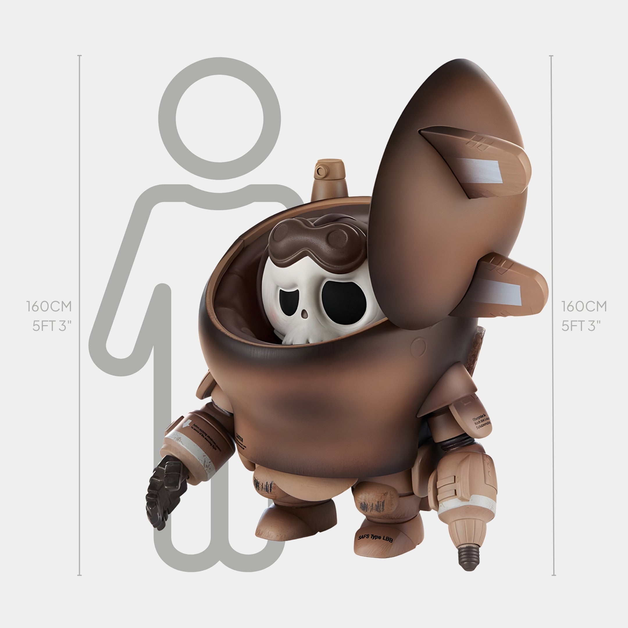The Giant Sculptures Iron Wraith Labubu Mecha Sculpture - 160cm is a large brown figure with a skull-like face peeking out of an open hatch, shown next to a gray human silhouette for scale.