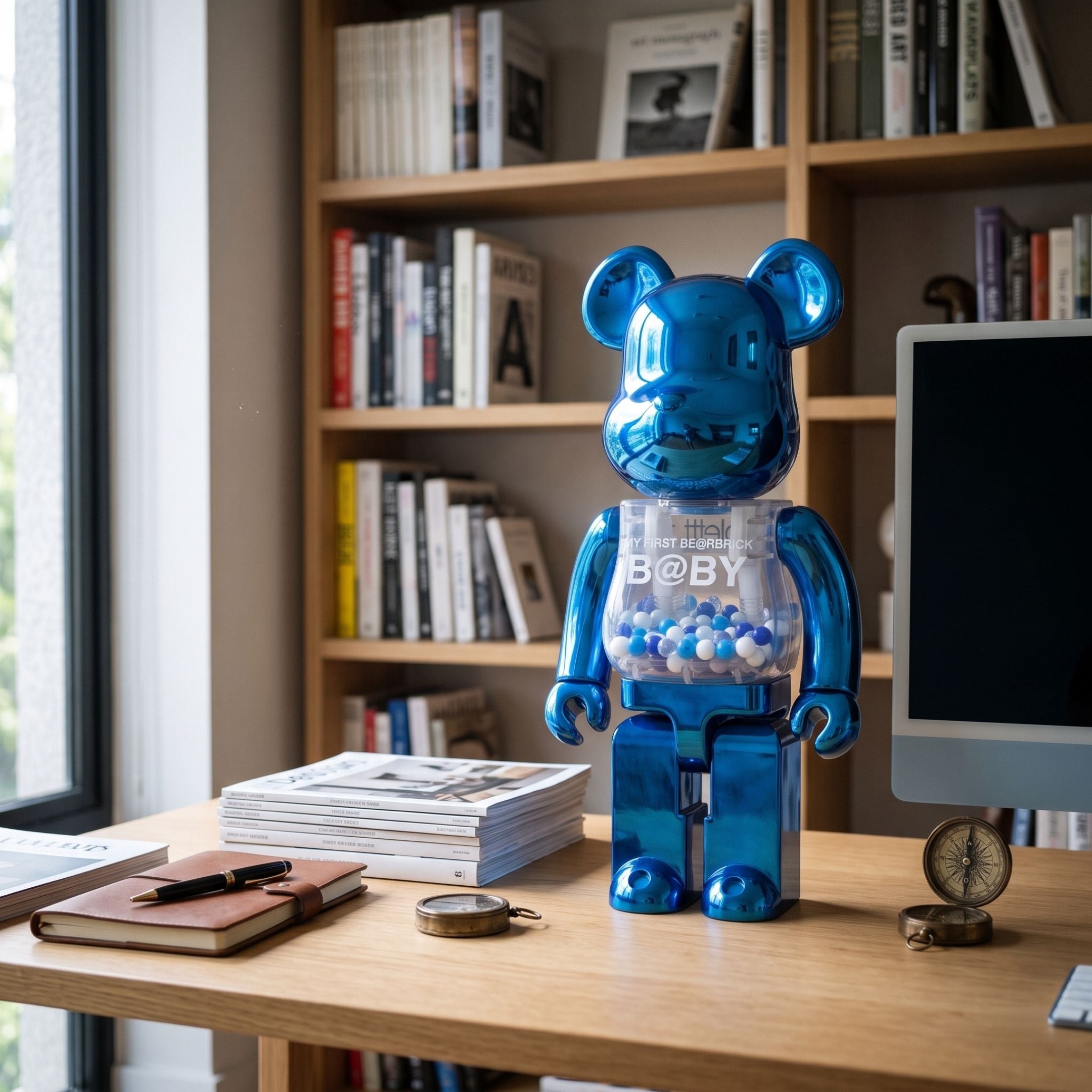 Sapphire Blue Beads Bear Sculpture, 70cm, with metallic blue head and limbs and a transparent bead-filled torso, displayed on a wooden desk in front of a bookshelf.