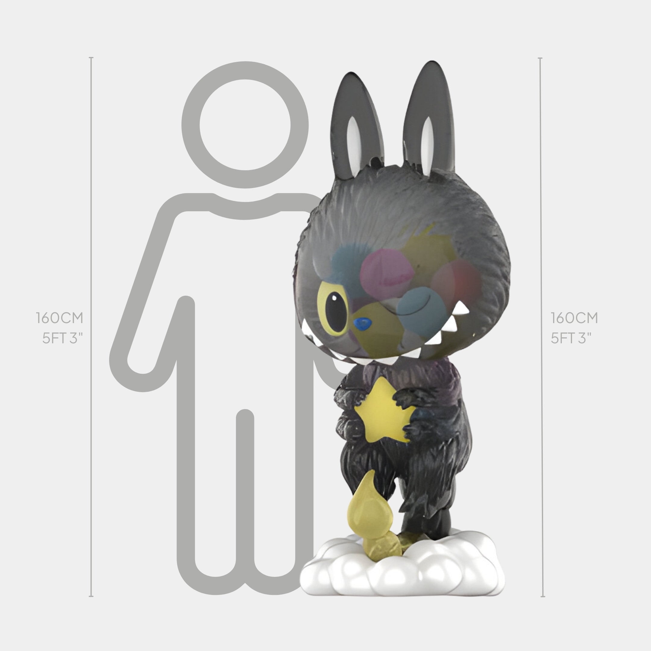 The Giant Sculptures Constellation Scorpio Labubu Sculpture - 160cm is a large, cartoonish black figure with big eyes, pointy ears, and a yellow star on its belly, standing on a cloud and themed after the Scorpio zodiac.