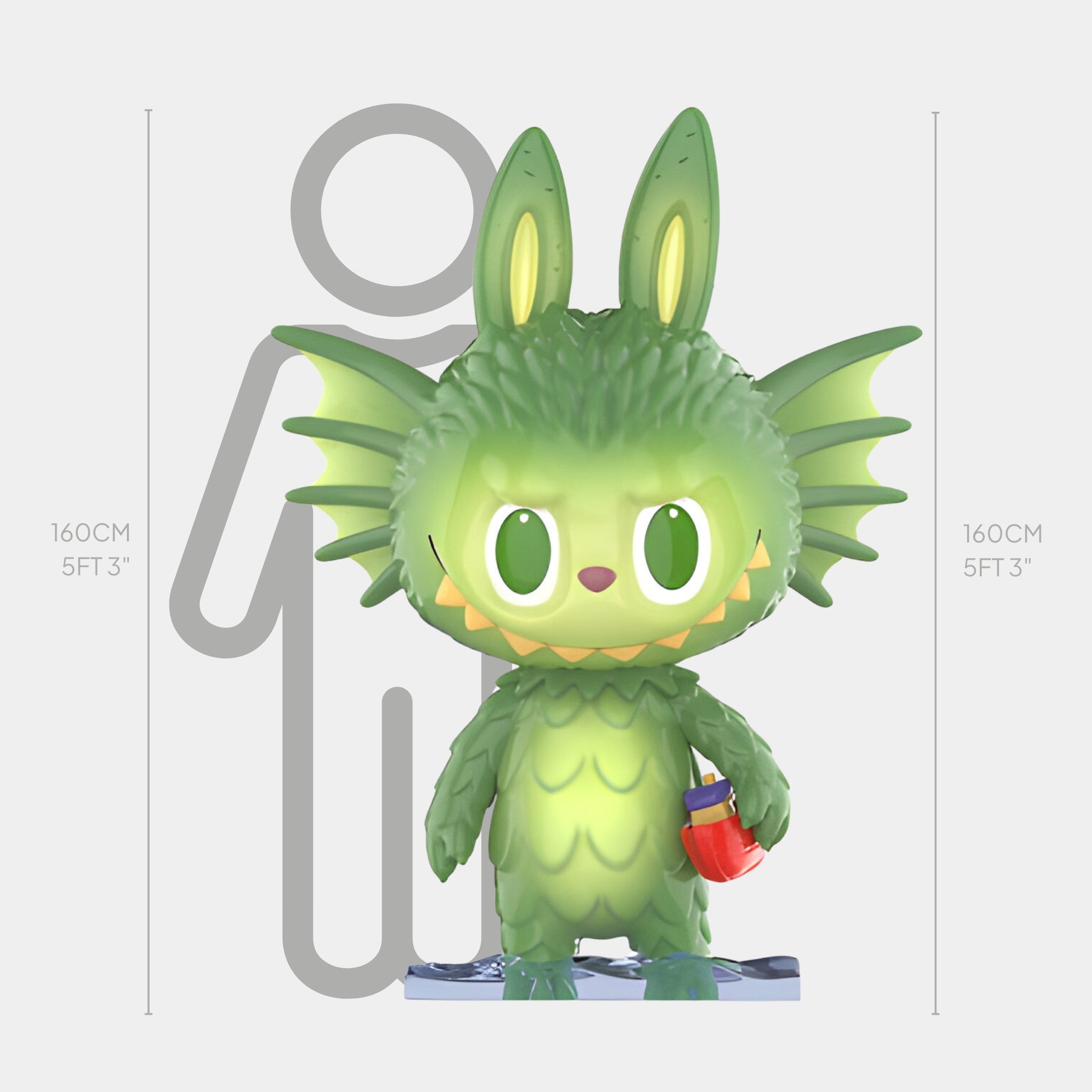 The Giant Sculptures Monsterverse Sea Dragon Labubu Sculpture (160cm) features a green, spiky-furred, large-eared creature with a red bucket, standing before a height chart and exuding an aquatic fantasy vibe.