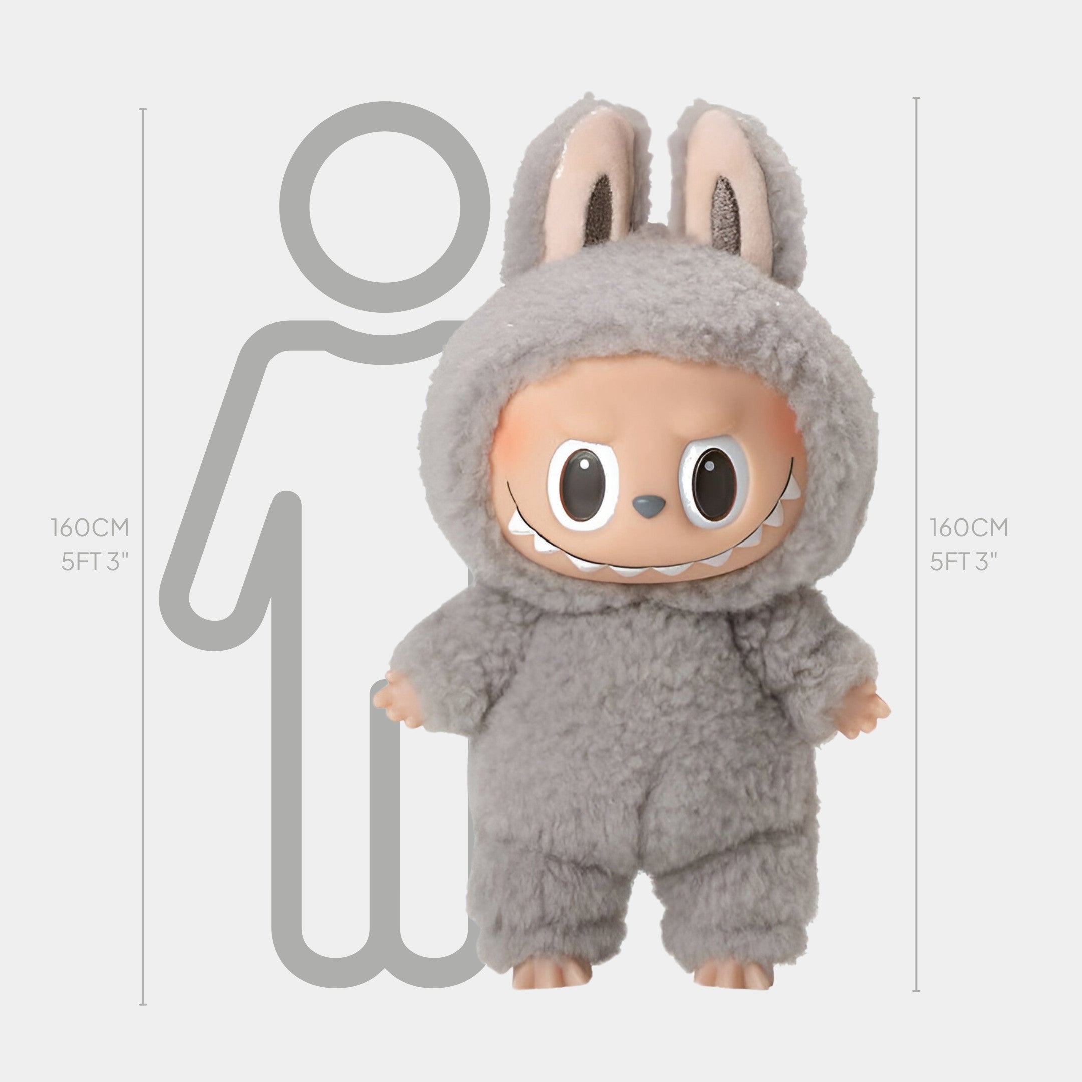 The Giant Sculptures Fluffy Walkers Misty Grey Labubu Sculpture stands 160cm tall, featuring a bunny costume with large ears and a toothy grin—perfect for fans of whimsical art.