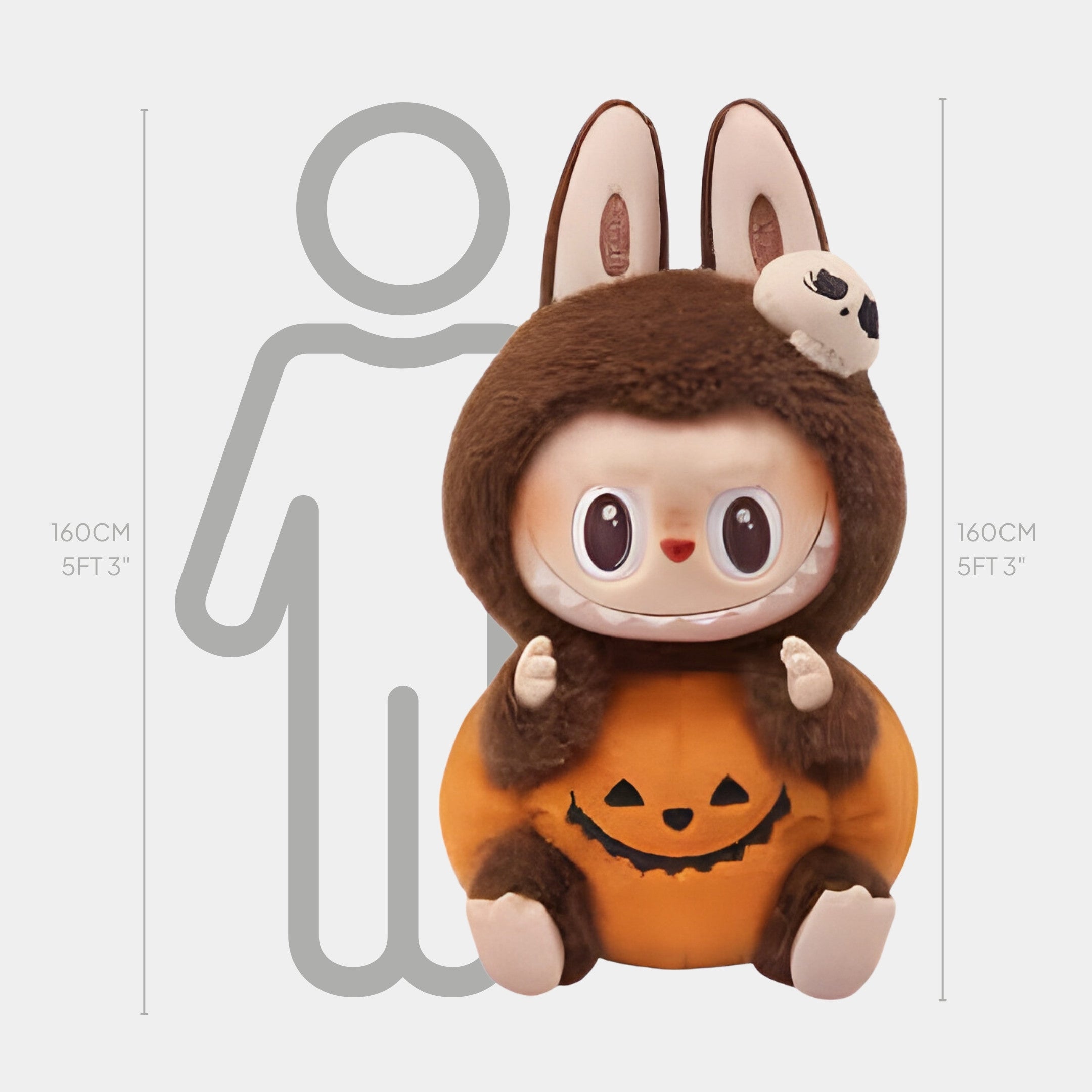 The Pumpkin Spirits Halloween Labubu Sculpture - 160cm by Giant Sculptures features a plush toy with large eyes, bunny ears, a skull headpiece, and a jack-o’-lantern costume—making it a striking Halloween art piece.