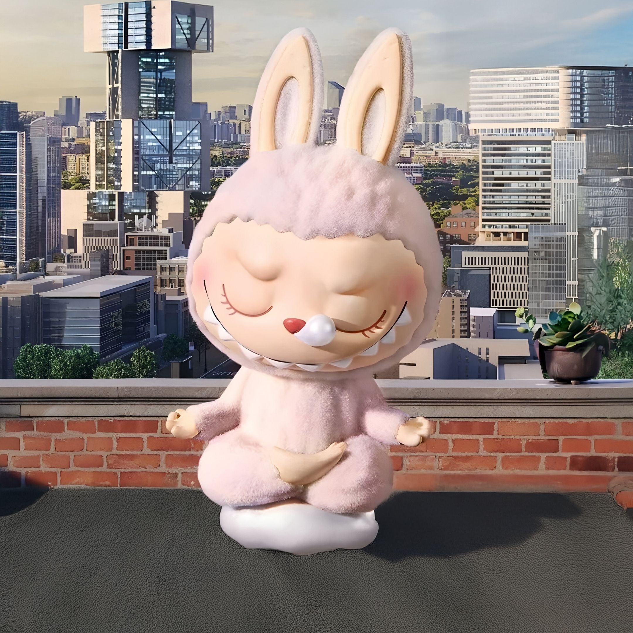 The Giant Sculptures Lazy Yoga Sleeping Labubu Sculpture (160cm) features a large, cream-furred bunny with closed eyes and big ears, cross-legged in meditation atop a rooftop with a city skyline backdrop.