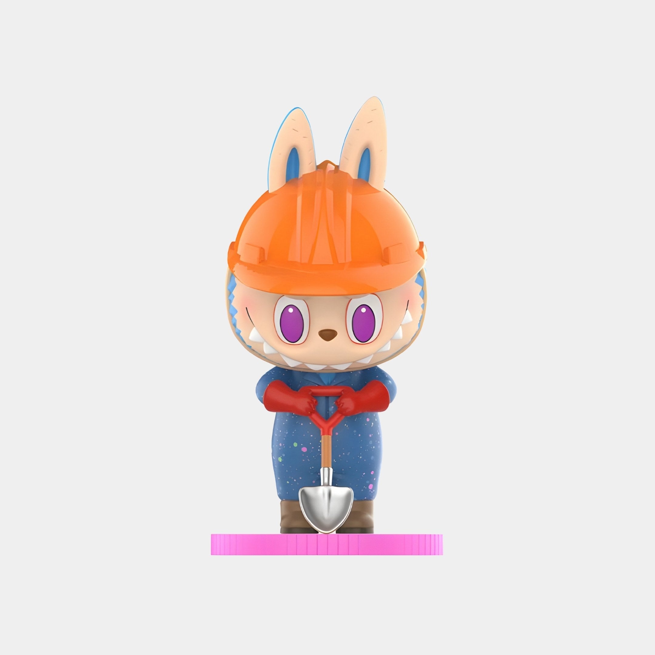 The Sliced Sugar Candy Labubu Figure (7-10cm) by Giant Sculptures features a bunny in an orange helmet, blue spotted jumpsuit, red gloves and boots, holding a shovel on a pink base—ideal for character collectibles enthusiasts.
