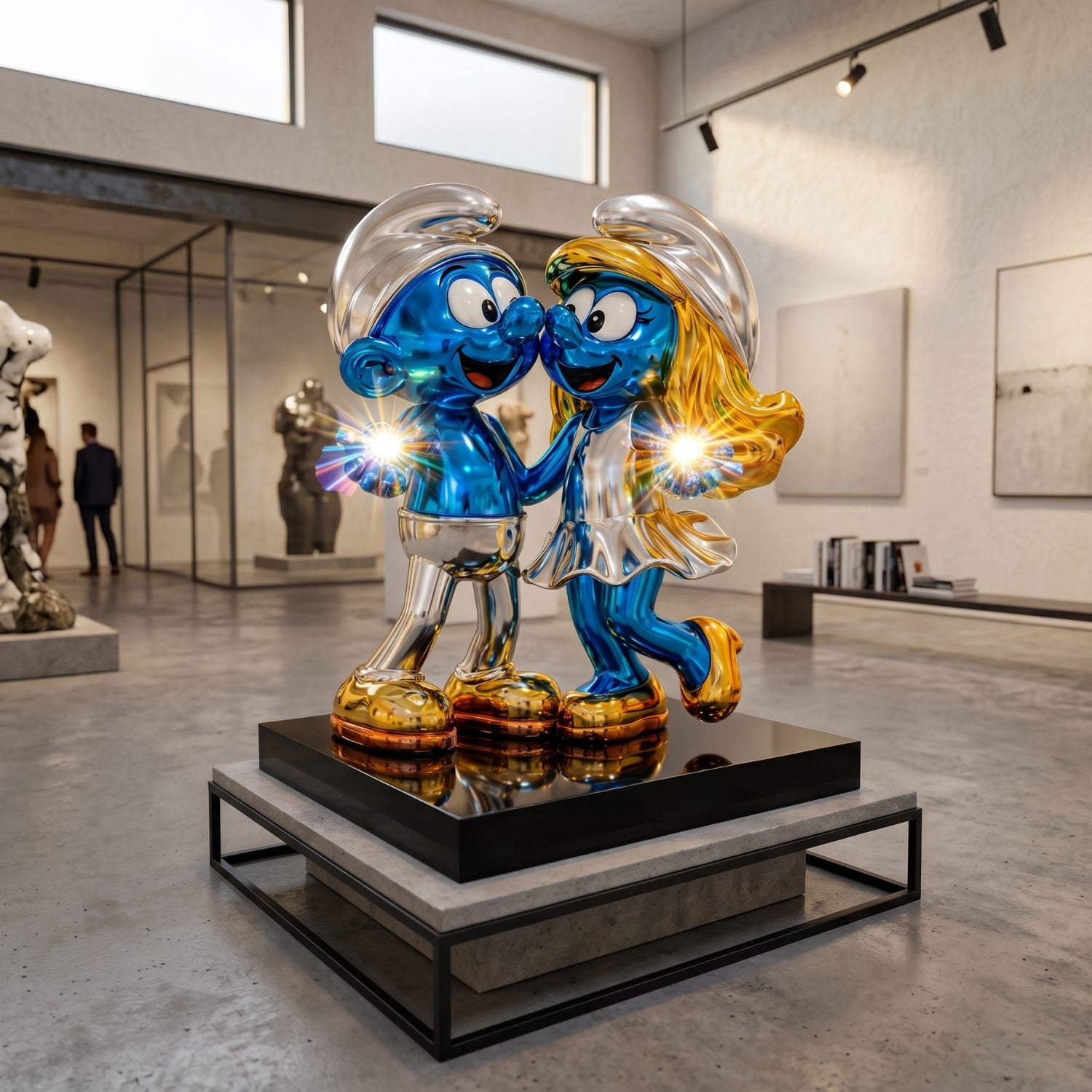 The Smurf Couple Holding Hands Spark Sculpture (70cm) by Giant Sculptures features a shiny, metallic fibreglass design with glowing lights, displayed on a black pedestal in a modern gallery as the couple tenderly touch noses.