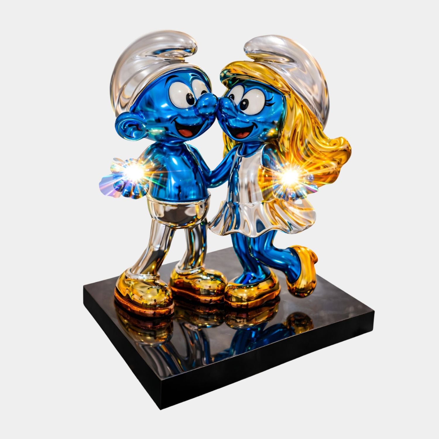The Smurf Couple Holding Hands Spark Sculpture (70cm) by Giant Sculptures features two Smurfs with metallic blue skin, golden shoes, sparkling crystal accents, and integrated glowing lights on a black pedestal.
