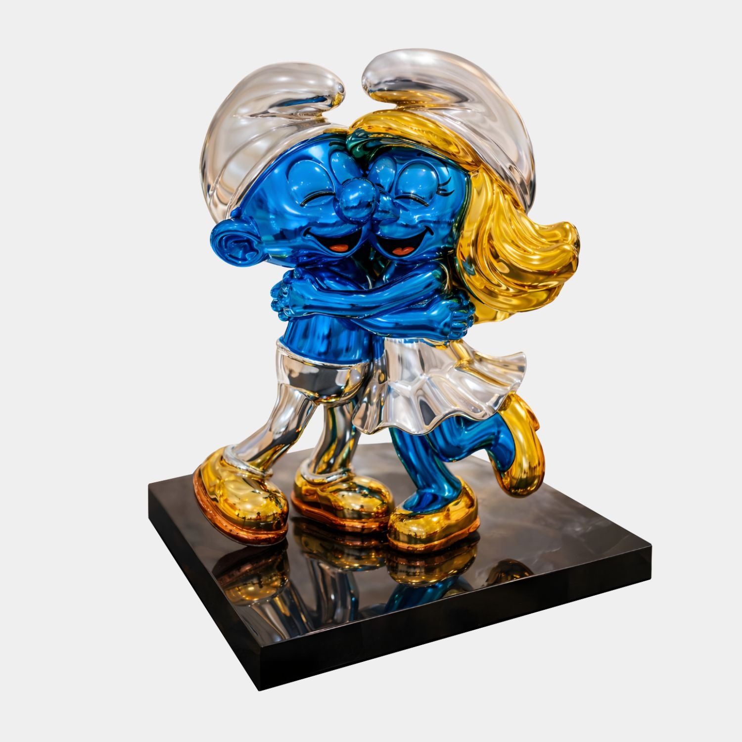 Smurf Couple Hugging Embrace Figure 40cm by Giant Sculptures in metallic blue, gold and silver fiberglass finish, shown embracing on a black base.