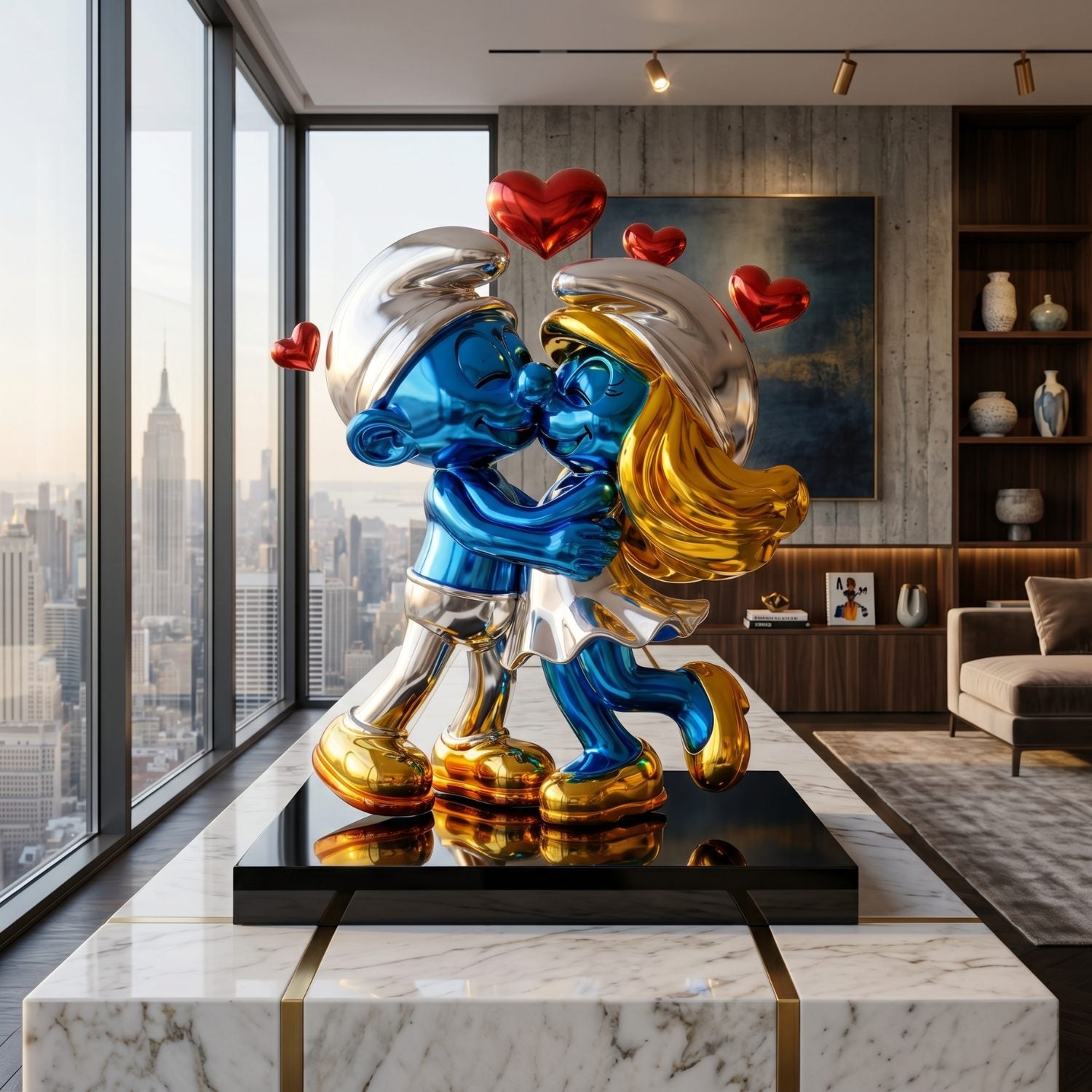 The Giant Sculptures Smurf Couple Kissing Love Sculpture (60cm) features two metallic blue and silver cartoon characters with gold shoes and red hearts, displayed on a marble table in a modern city apartment with large windows.