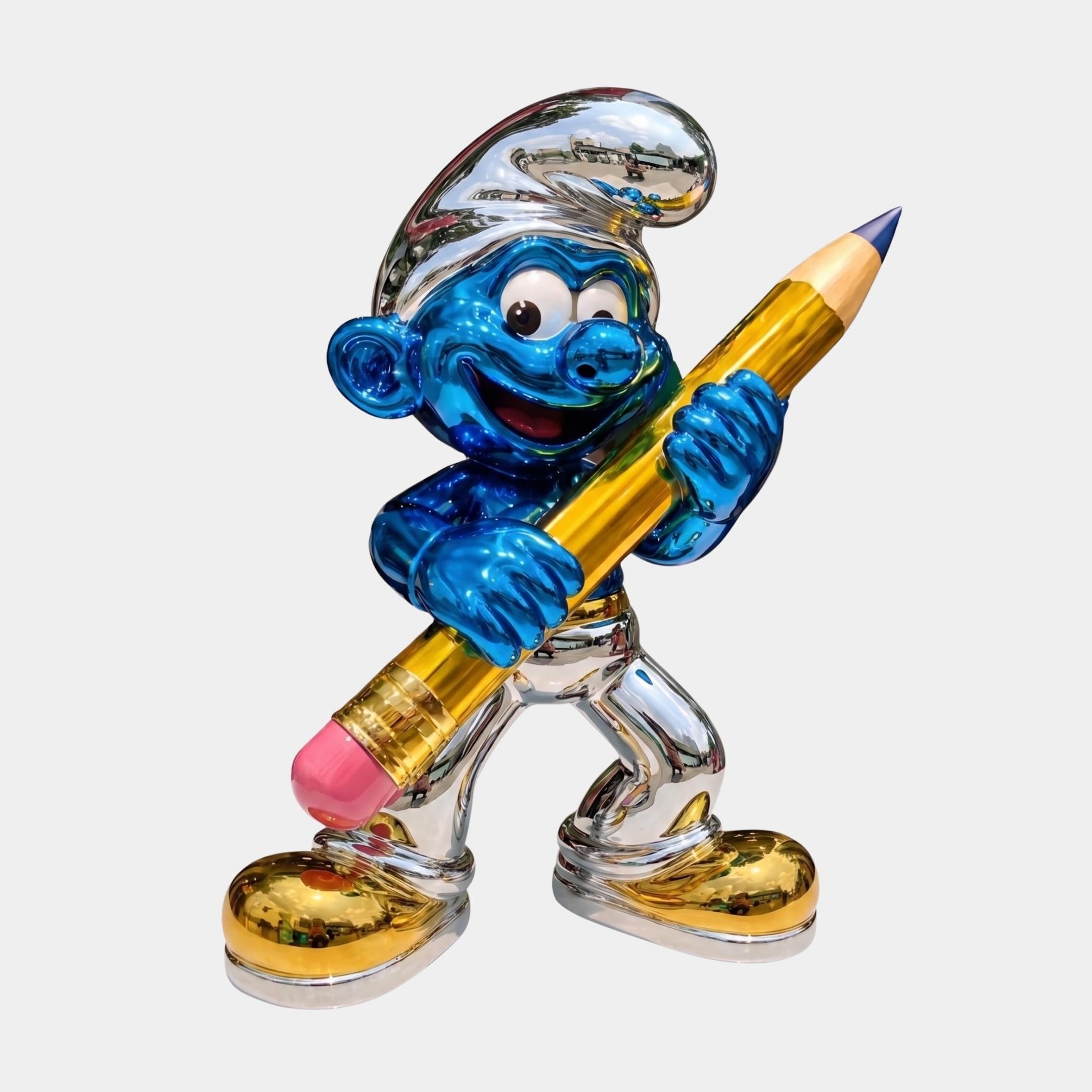 Giant Pencil Smurf Standing Sculpture by Giant Sculptures in glossy blue, chrome, and gold finish, holding an oversized yellow pencil, against a plain background.