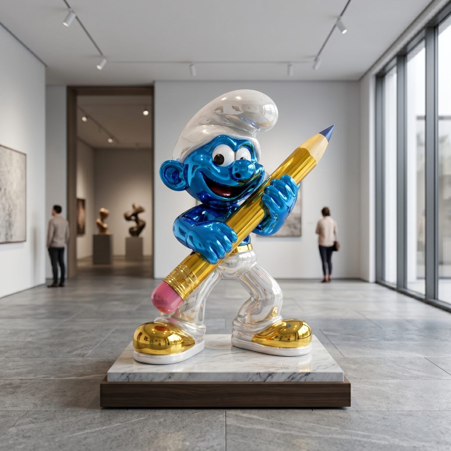 The Giant Pencil Smurf Standing Sculpture - 150cm by Giant Sculptures, a shiny blue figure holding a gold-tipped pencil, is displayed in a bright modern gallery as visitors admire the surrounding artwork.