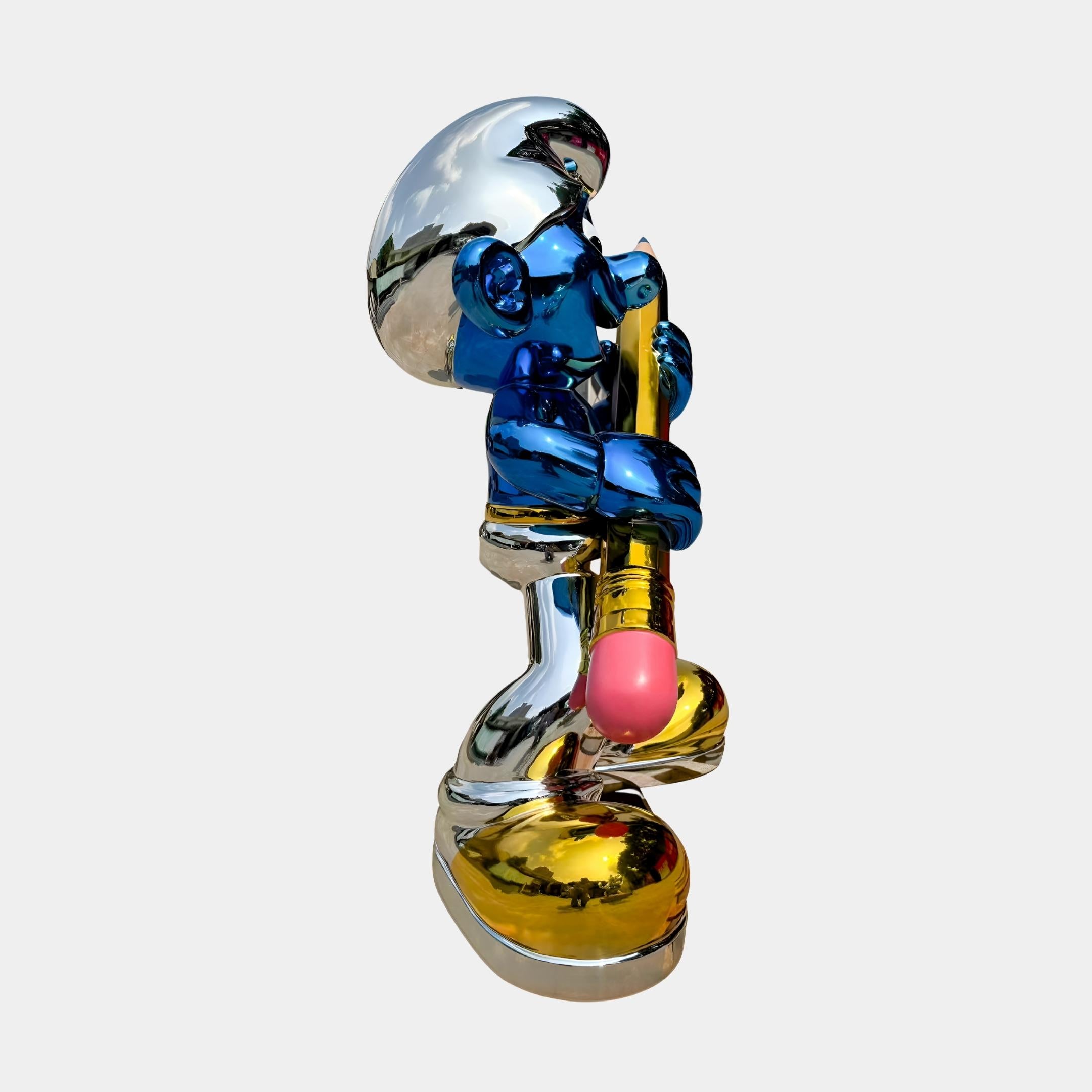 Side view of the Giant Pencil Smurf Standing Sculpture in glossy blue, chrome, and gold finishes, holding a yellow pencil with pink eraser, on a light background.
