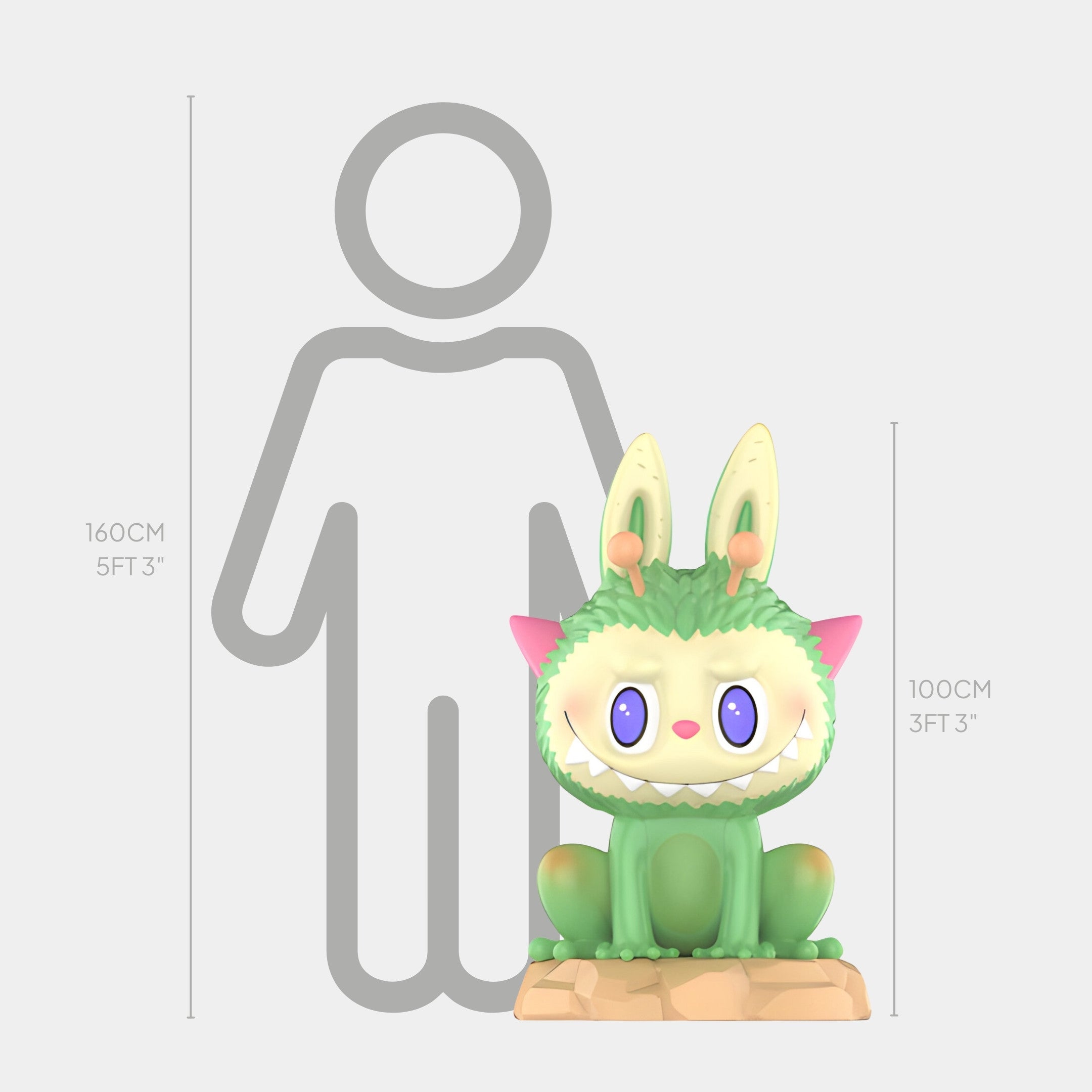 A green and cream cartoon interstellar character with big ears, purple eyes, and pink cheeks sits on a rock. A height chart silhouette behind shows its size, just like the Giant Sculptures Space Alien Labubu Sculpture - 100cm.