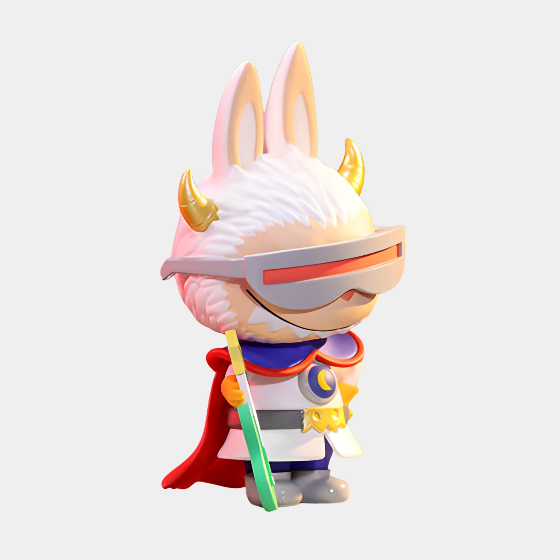 The Space Warrior Labubu Sculpture - 160cm by Giant Sculptures features a cute, cartoonish figure in a white and blue outfit with star badge, red cape, golden horns, visor glasses, and green staff—hand-polished for a dazzling look.