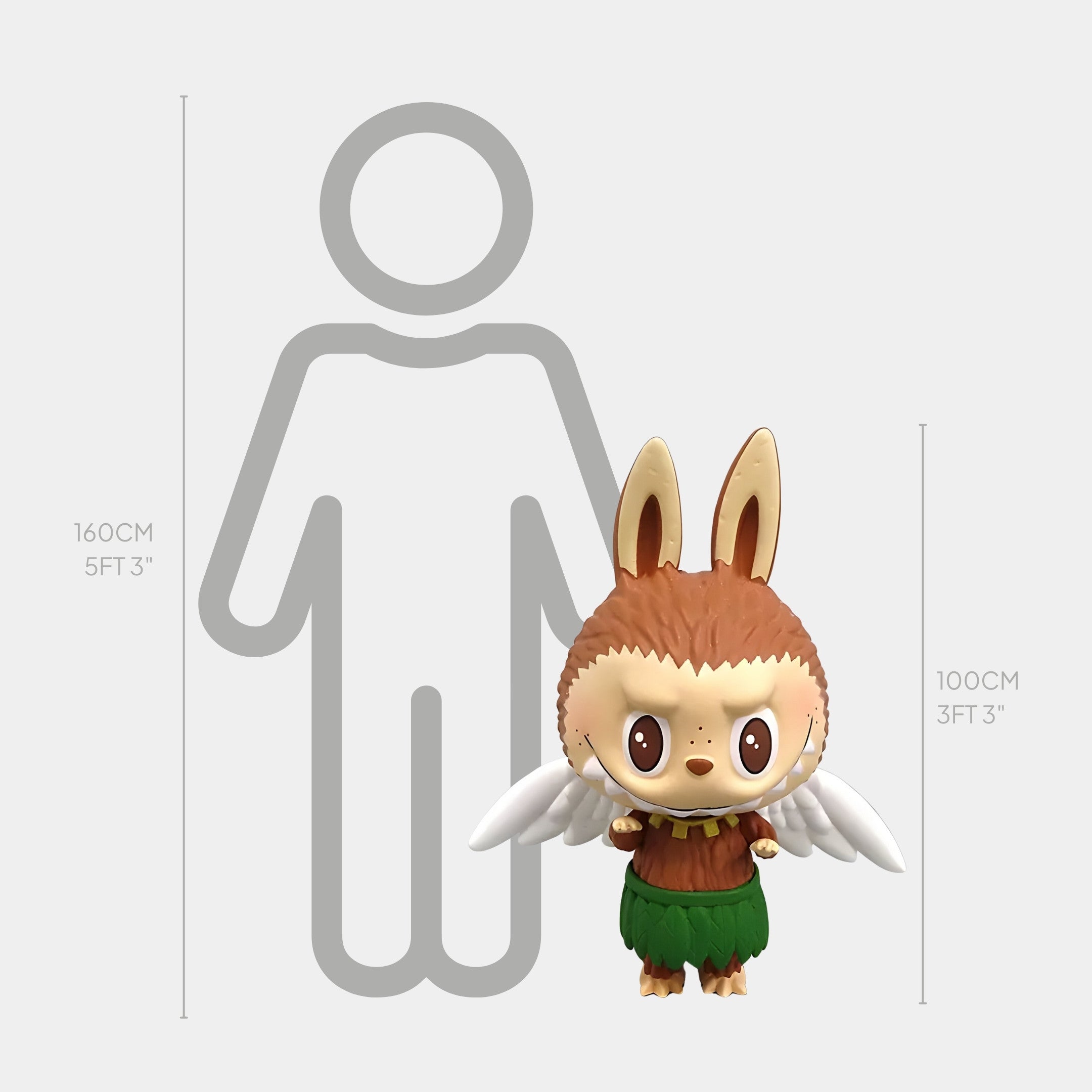 The Giant Sculptures Space Adventures Zimomo Beast Labubu Sculpture (100cm) stands beside a height chart comparing its size to a 160 cm human outline, highlighting its mystical, rabbit-like presence and museum-grade finish.