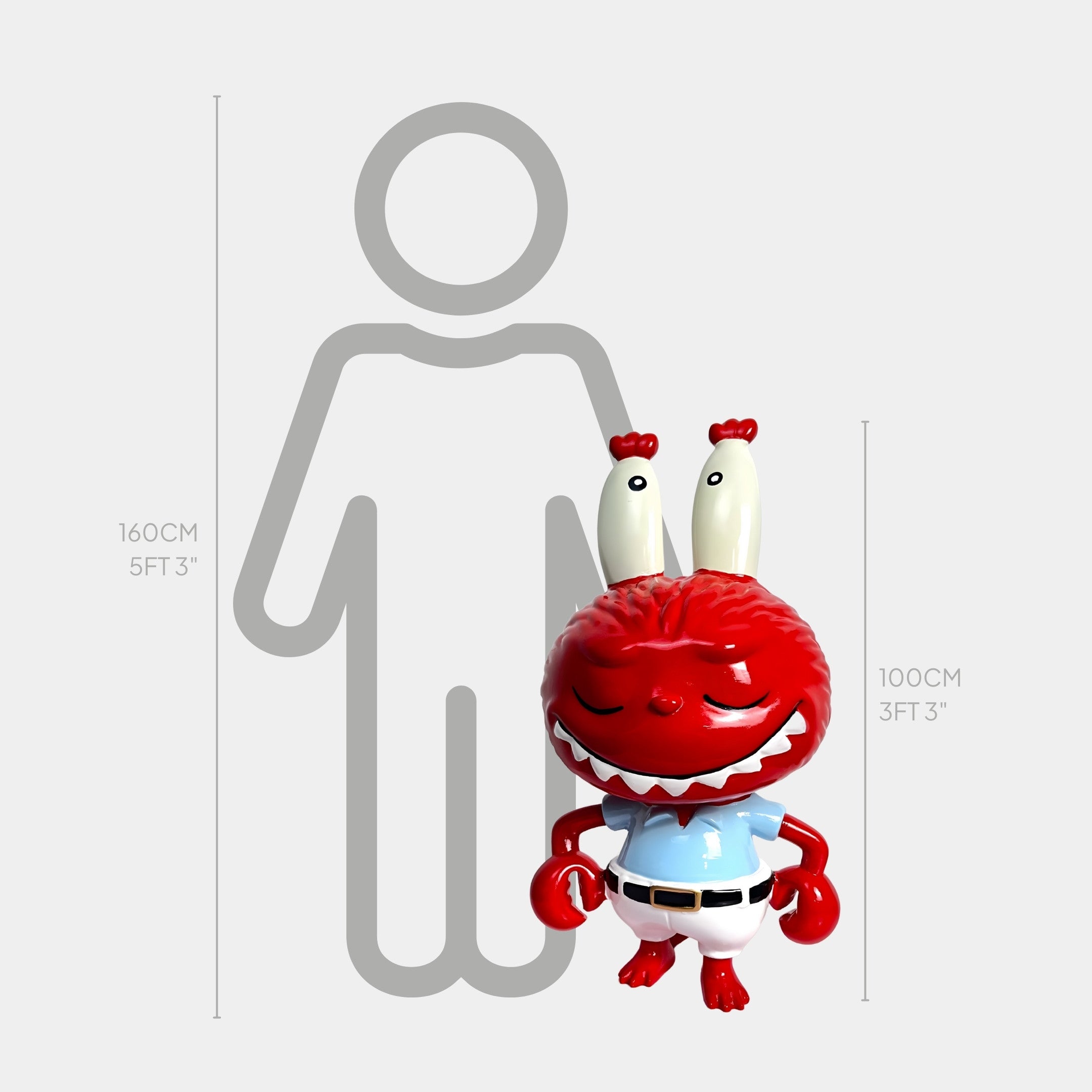 The SpongeBob Mr. Krabs Zimomo Labubu Sculpture by Giant Sculptures is a glossy red cartoon toy with eye stalks, blue shirt, and white shorts, standing at 100 cm tall before a gray outline with height markers.