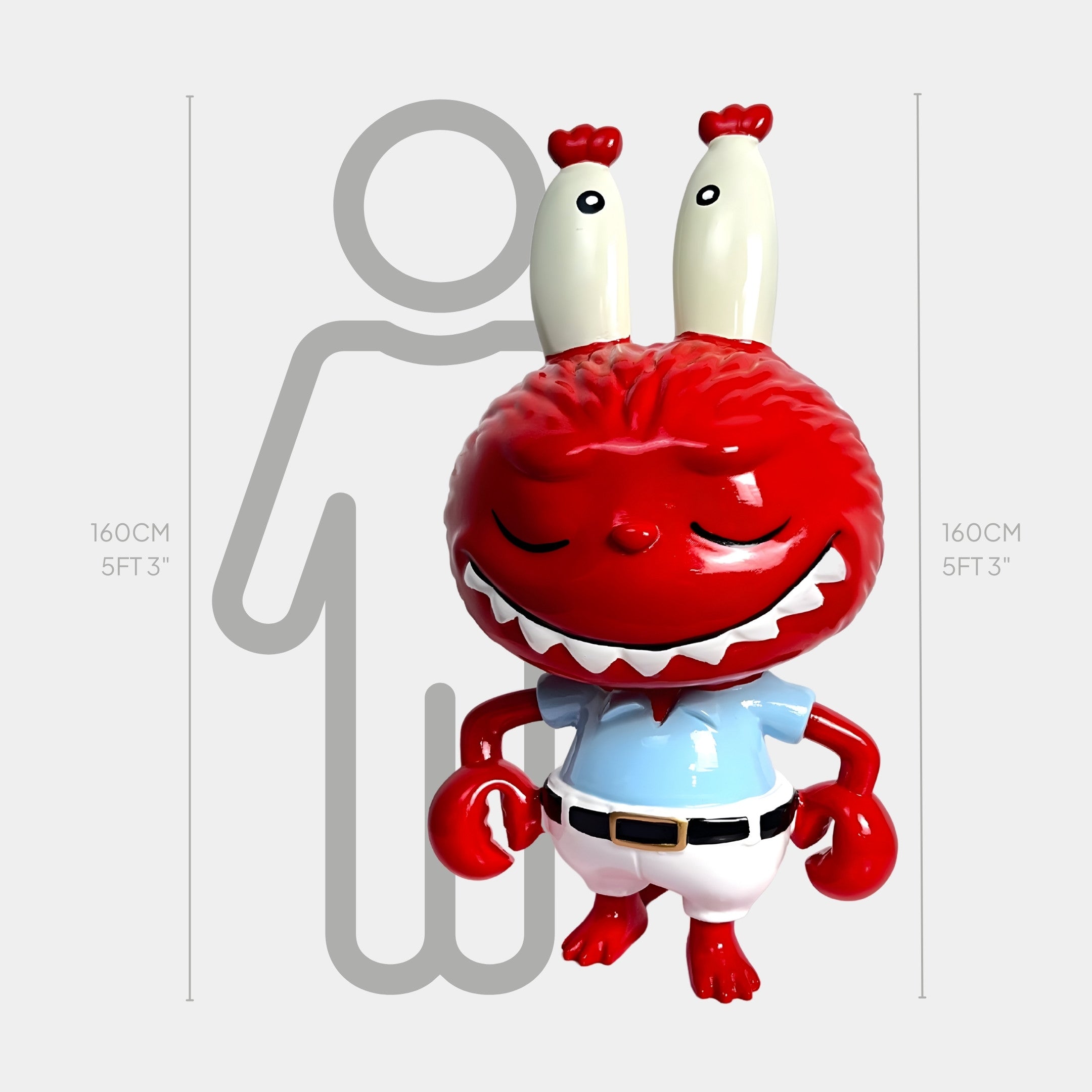 The Giant Sculptures SpongeBob Mr. Krabs Zimomo Labubu Sculpture stands 160cm tall, featuring a red cartoonish monster with tall eyes, sharp teeth, and a blue shirt beside a height chart and human outline for scale.