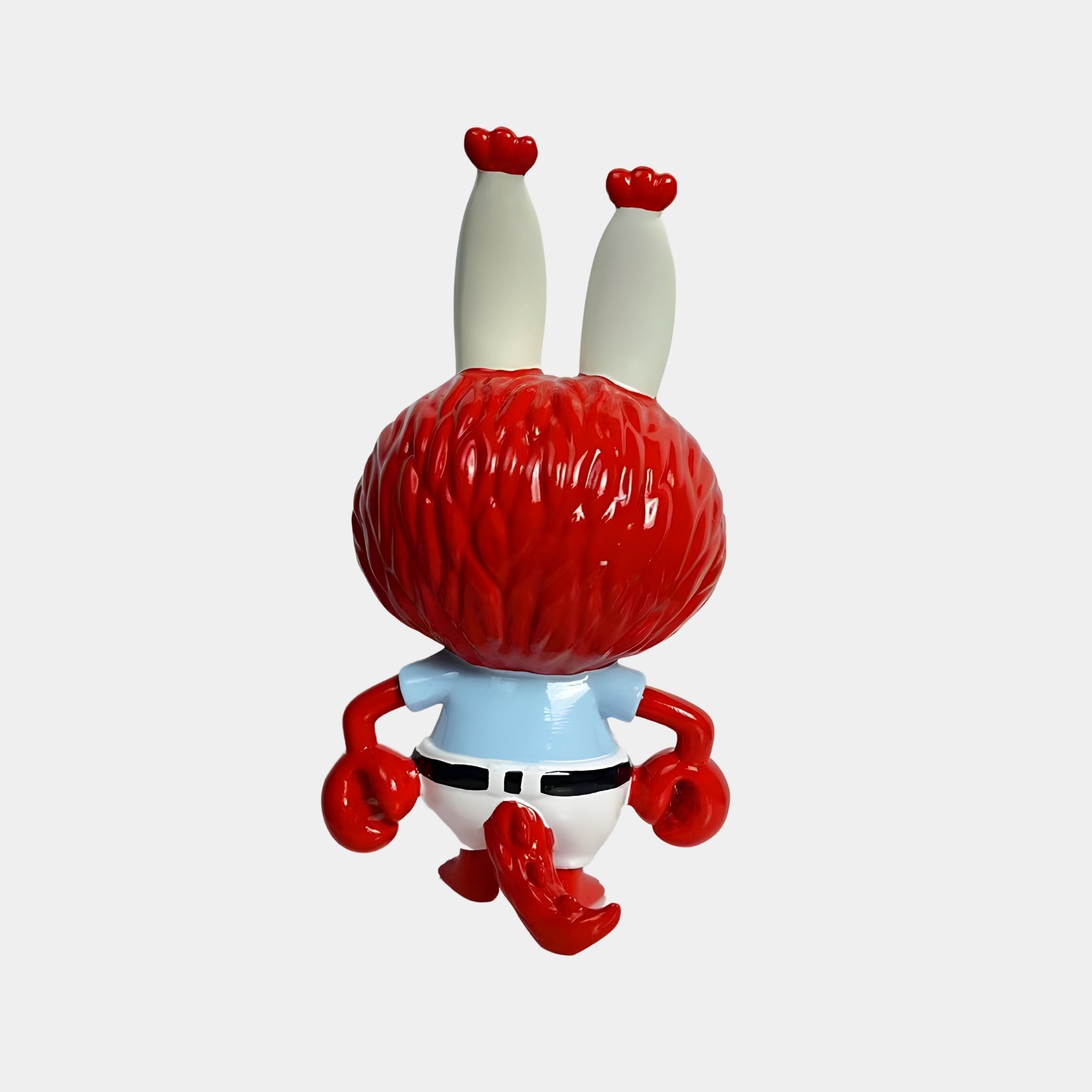 The SpongeBob Mr. Krabs Zimomo Labubu Sculpture (160cm) by Giant Sculptures is shown from the back, displaying large eye stalks, red claws, a textured shell, light blue shirt, and white pants against a plain white background.