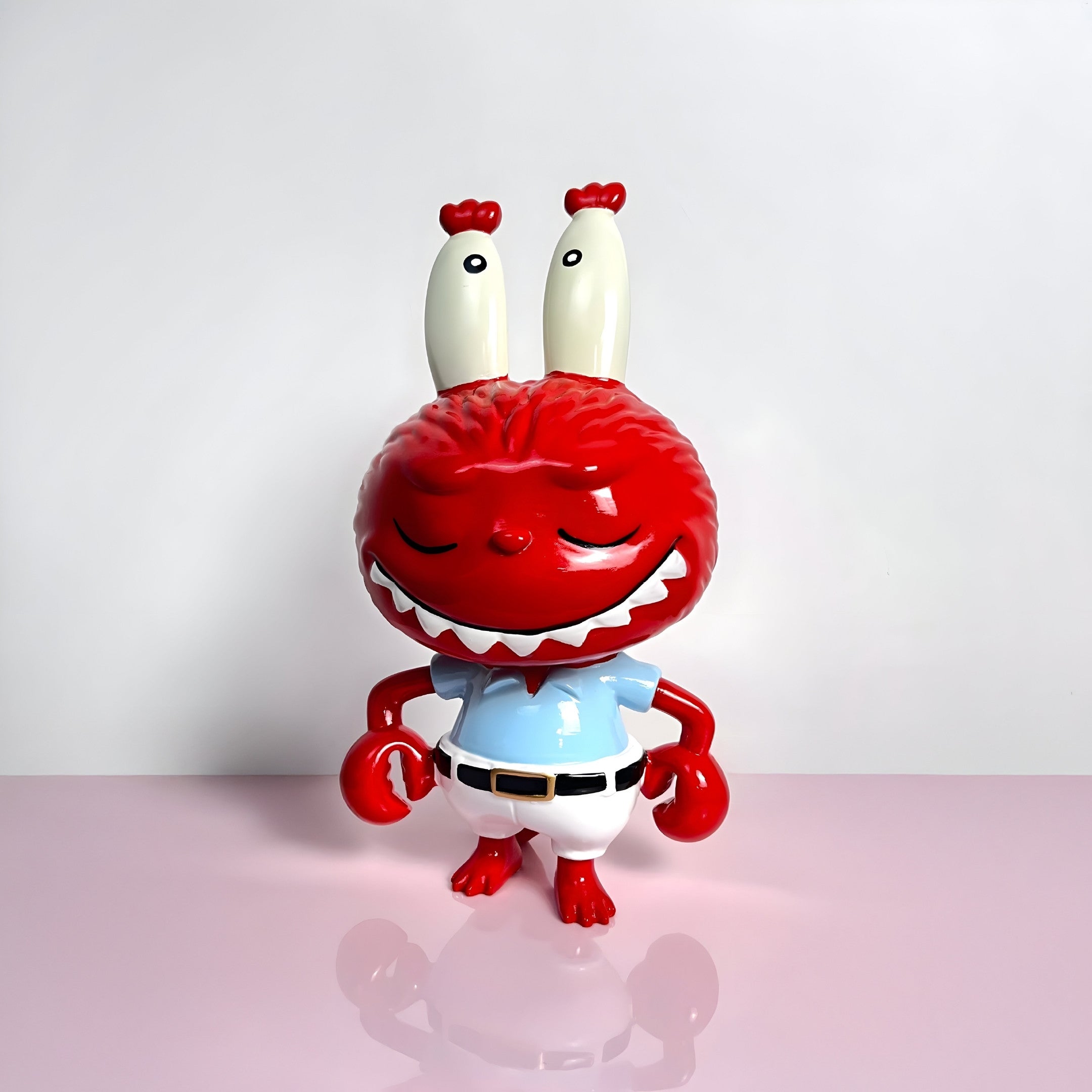 The Giant Sculptures SpongeBob Mr. Krabs Zimomo Labubu Sculpture (160cm) features a red cartoon monster with tall eyes, sharp white teeth, and a blue shirt with white pants, standing on a shiny pink surface against a light background.