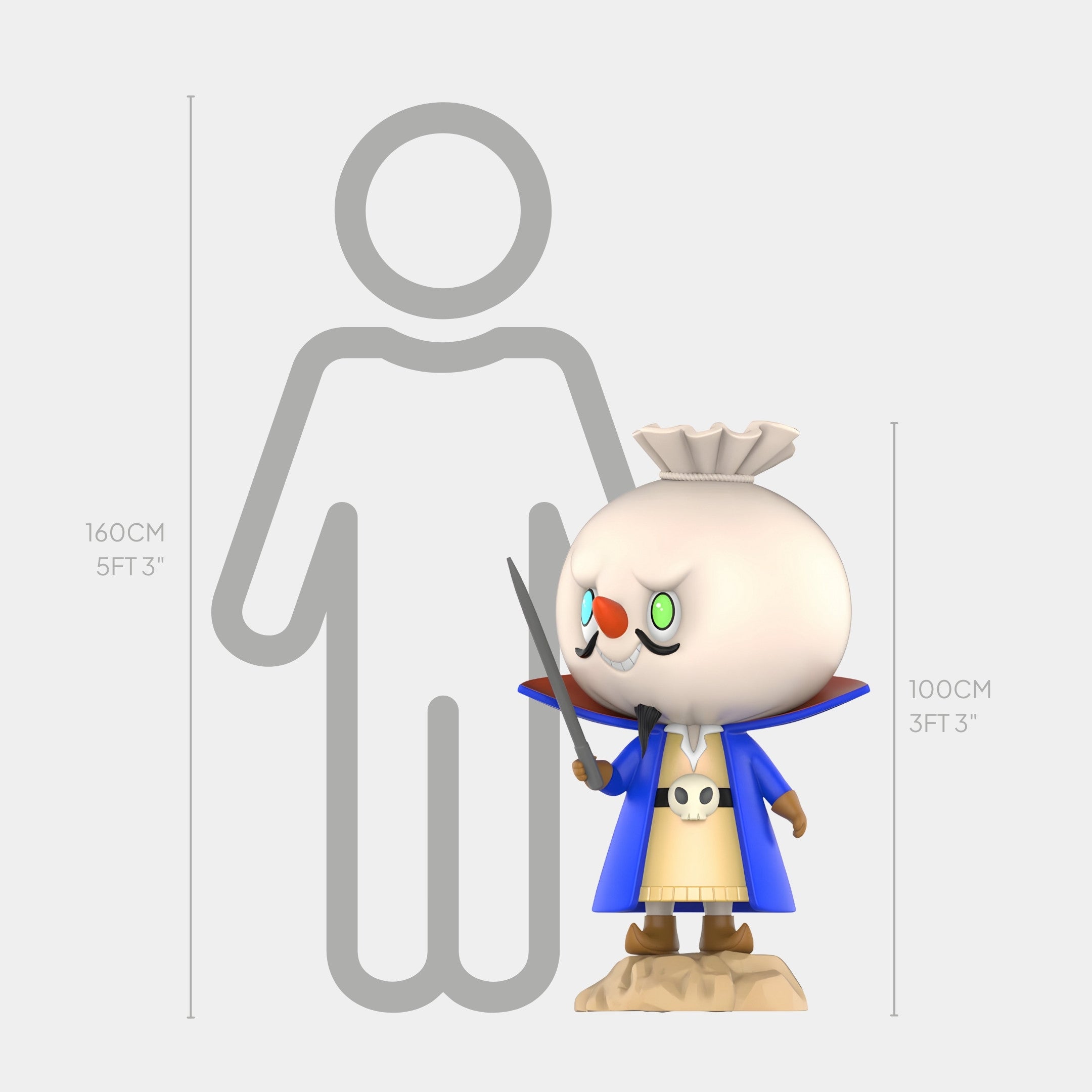 The Giant Sculptures Space Spooky Emperor Labubu Sculpture (100cm) features a cartoonish dumpling-shaped head, blue cape, and sword—making a playful visual statement next to a human in any display.