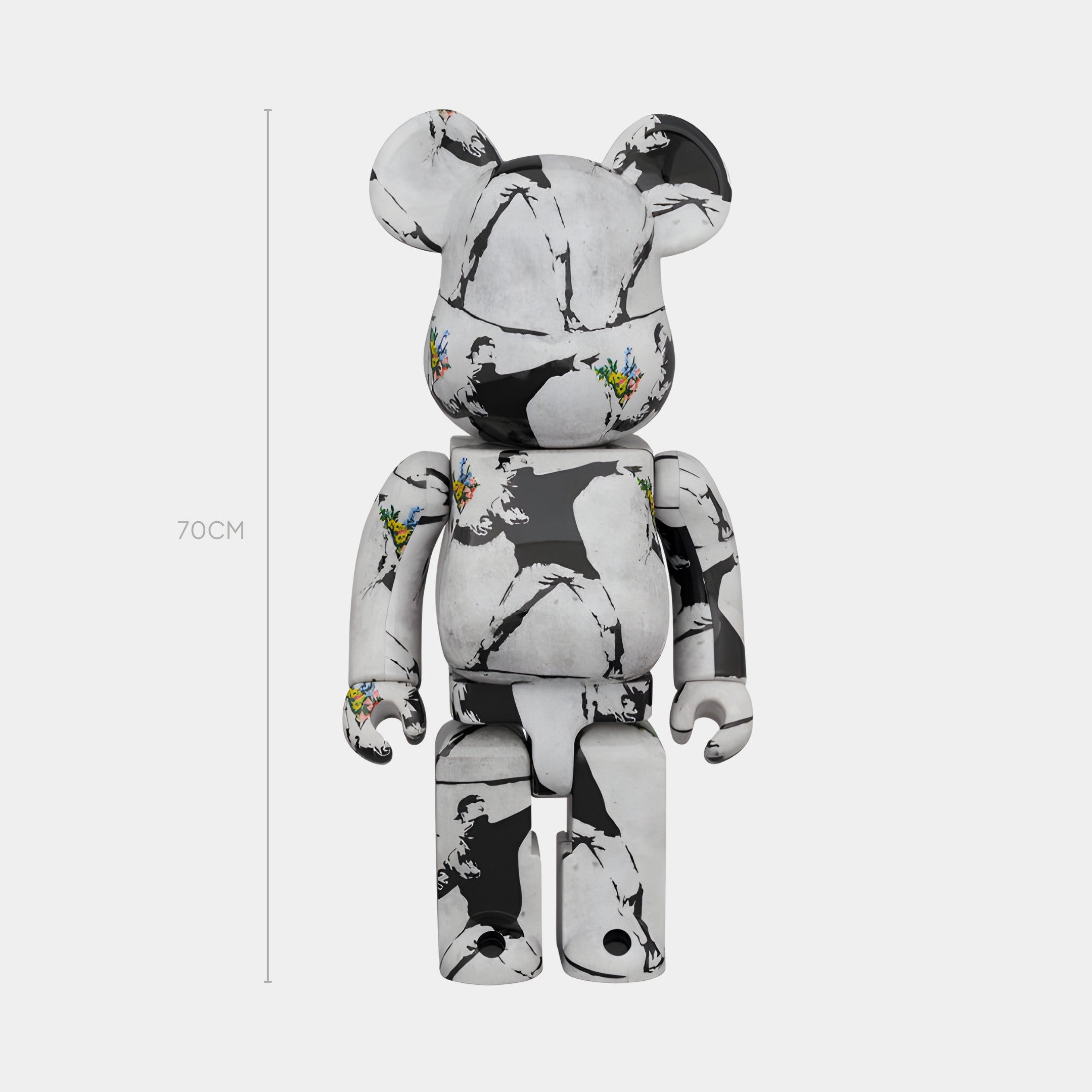 The Stencil Art Bear Sculpture - 70cm by Giant Sculptures features monochrome stencil motifs with colorful floral accents on its arms and ears, standing upright against a plain background for an urban edge look.