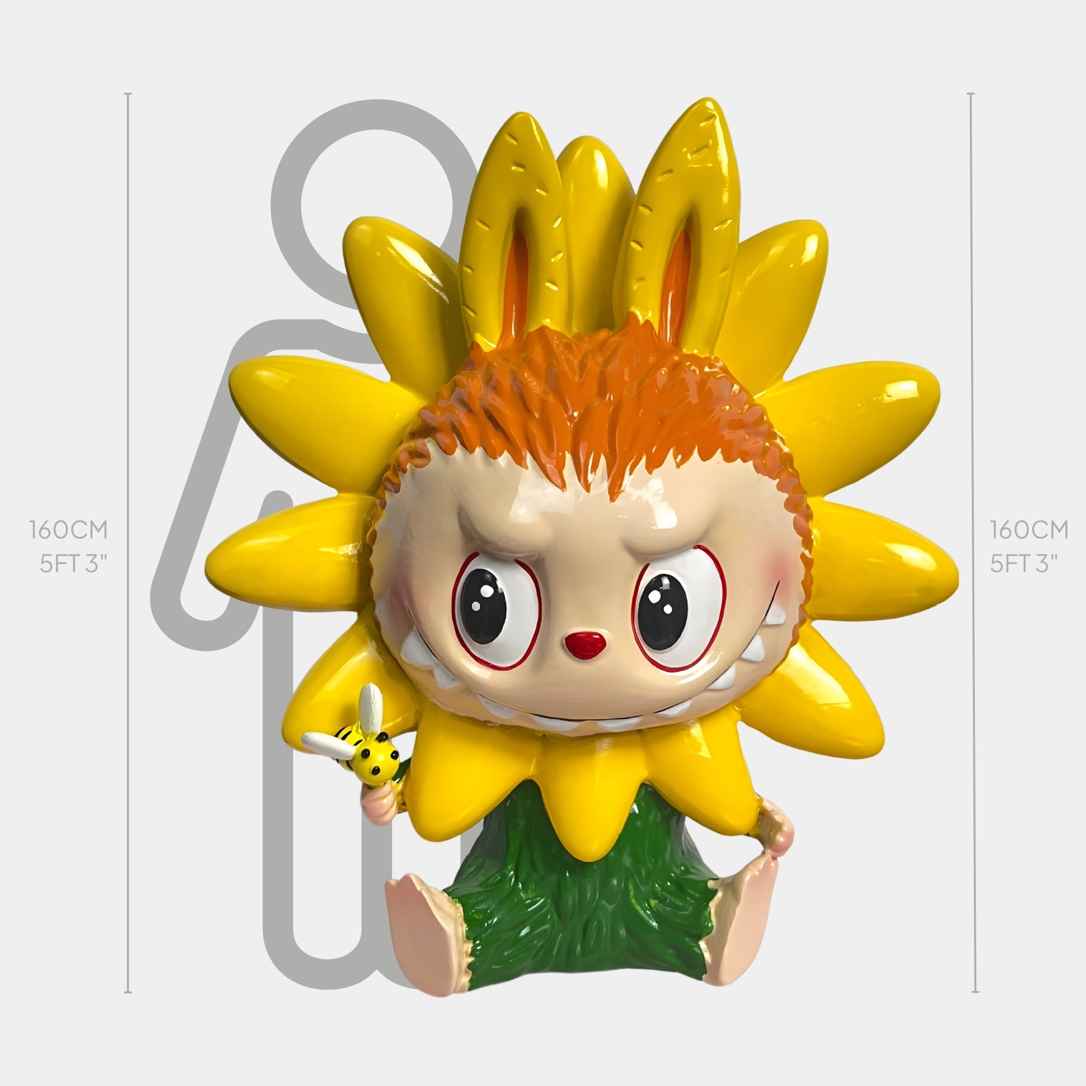 The Flower Elves Sunflower Labubu Sculpture - 160cm by Giant Sculptures features a sunflower-headed character with big eyes, bunny-like ears, and a bee in hand. Made of fibreglass, it stands 160cm tall with finely hand-painted petals.
