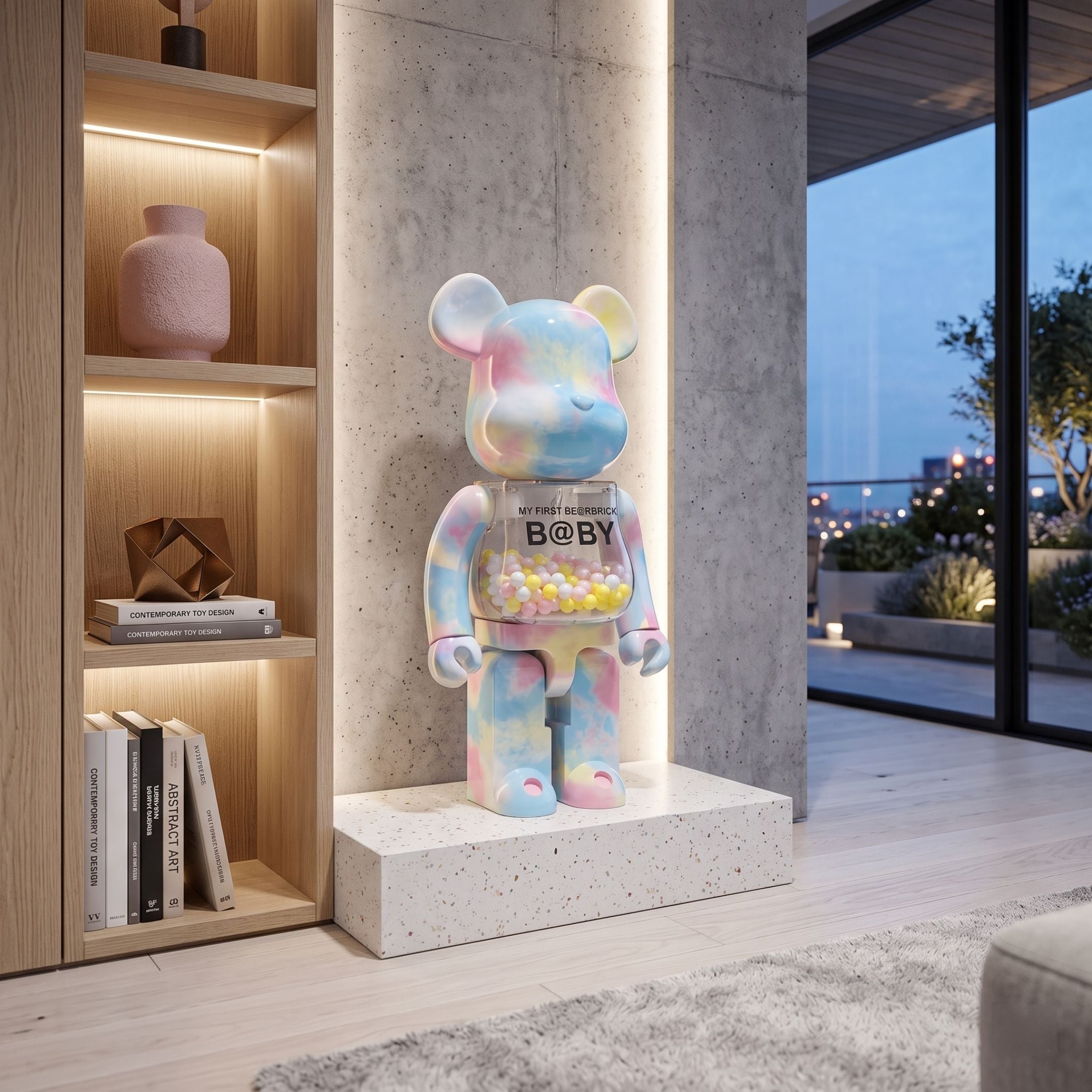 Sunrise Sky Beads Bear Sculpture, 70cm, pastel pink-blue-yellow finish with bead-filled chest, displayed on a stone base in a living room by a bookshelf.