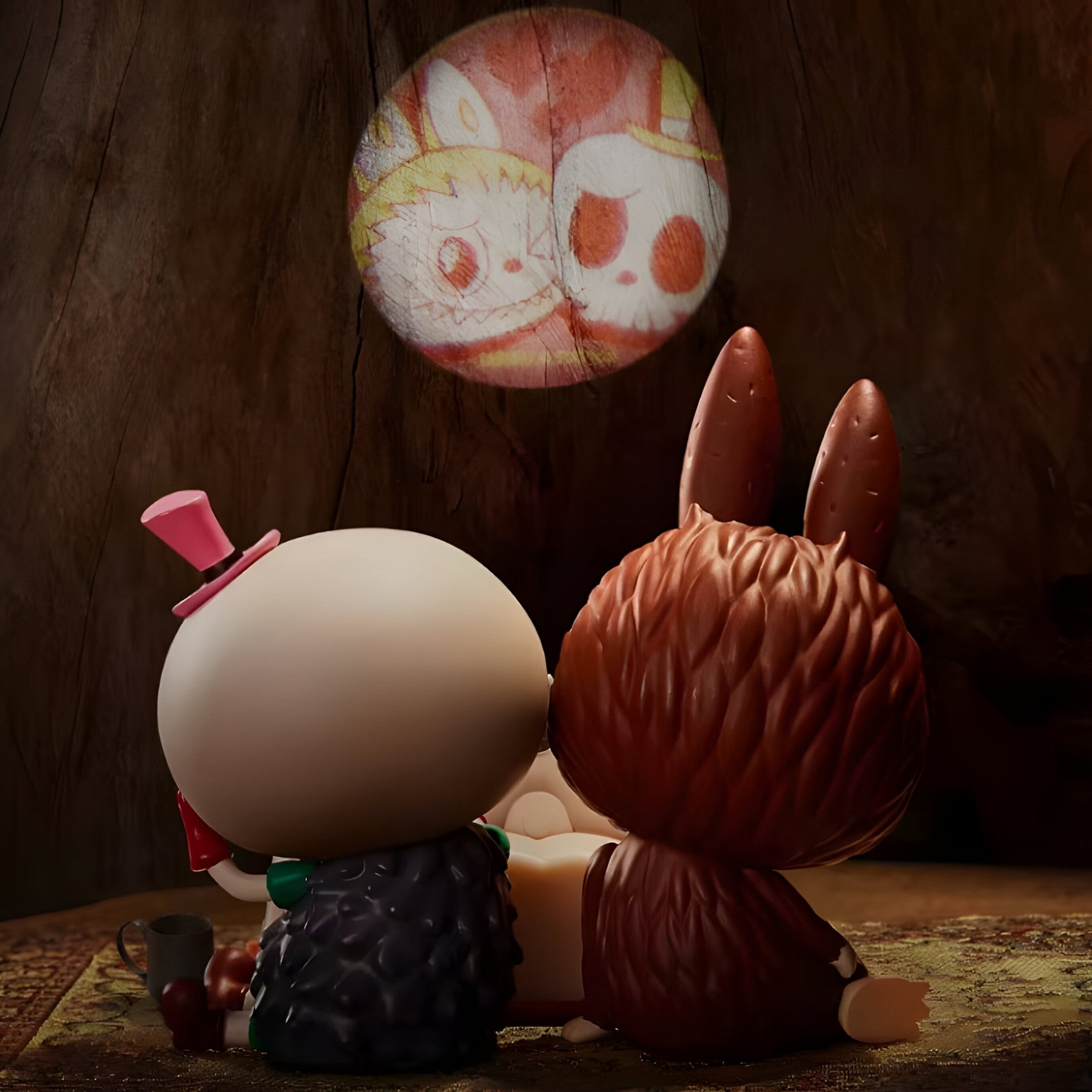 Two Spooky Buddies Blade Trick Labubu Sculptures by Giant Sculptures, each 100cm tall with pink hat, cape, and bunny ears, sit together watching animal faces projected on a tree-like surface in a cozy display.