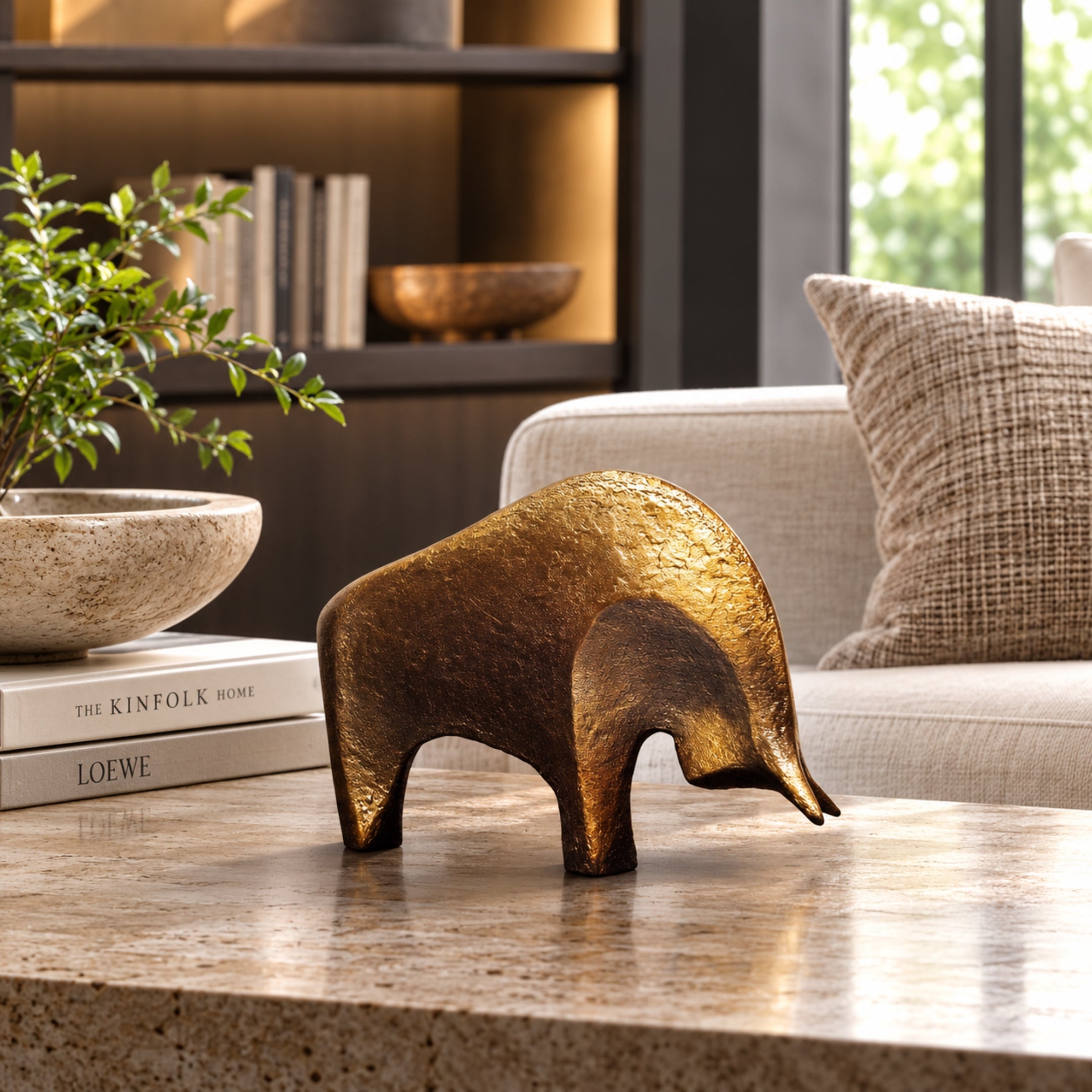 Small Modern Abstract Bull Bronze Sculpture by Giant Sculptures with warm golden patina, displayed on a travertine coffee table beside books, a bowl, and linen sofa.